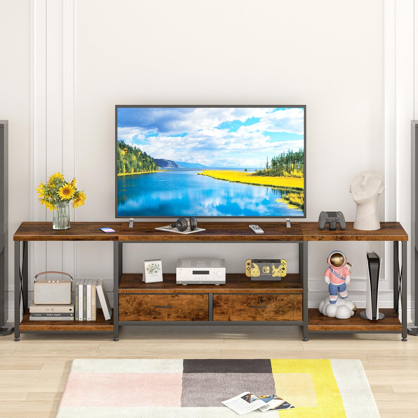 GYIIYUO TV Stand with Fabric Drawer - Entertainment Center and Industrial TV Console Table with Open Storage Shelves for Living Room, Bedroom - 55.1" Rustic Brown