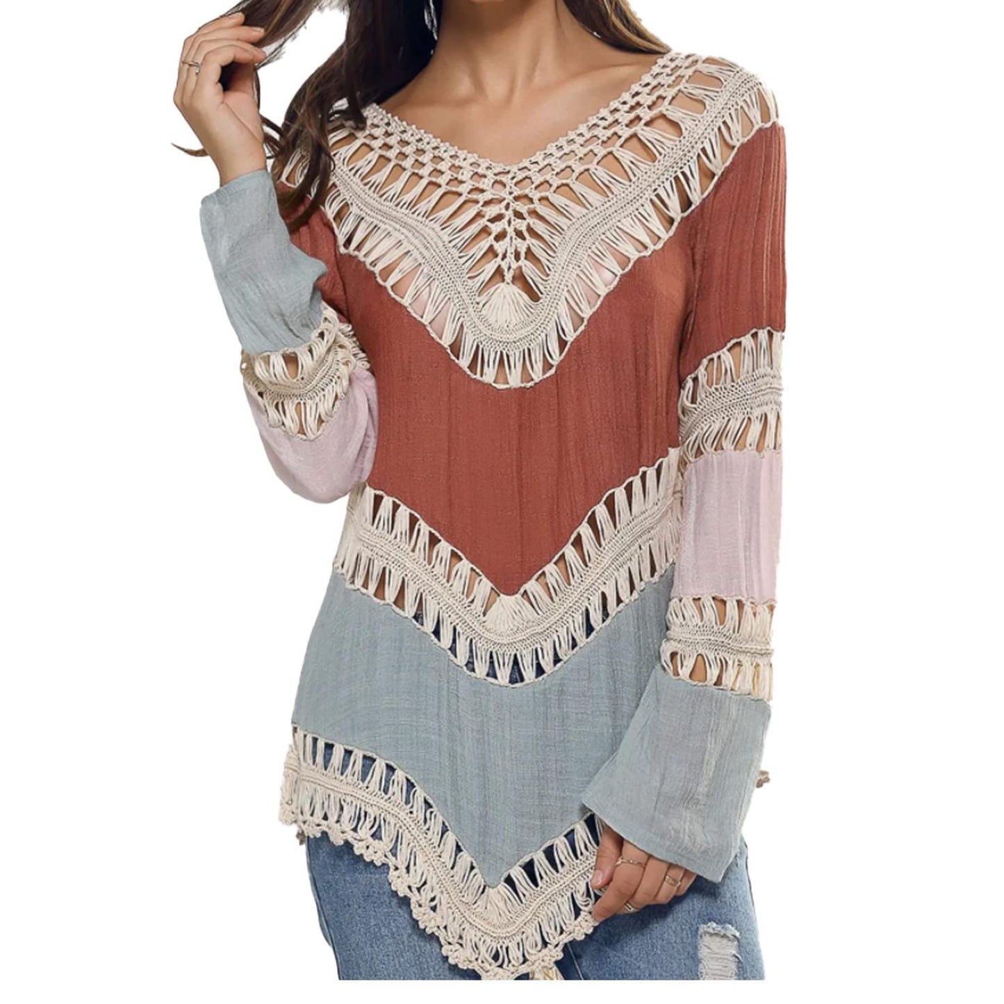 Vanbuy Women’s Boho V Neck Crochet Tunic Tops Long Sleeve Hippie Gypsy Tops Beach Cover up Z01-Orange
