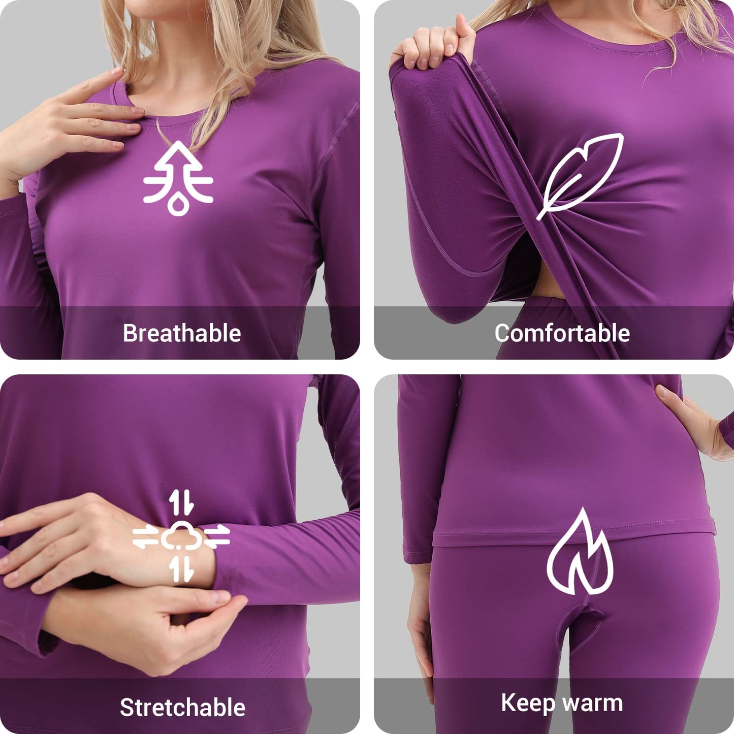 Thermal Underwear Women Ultra-Soft Long Johns Set Base Layer Skiing Winter Warm Top & Bottom (Purple, X-Small)