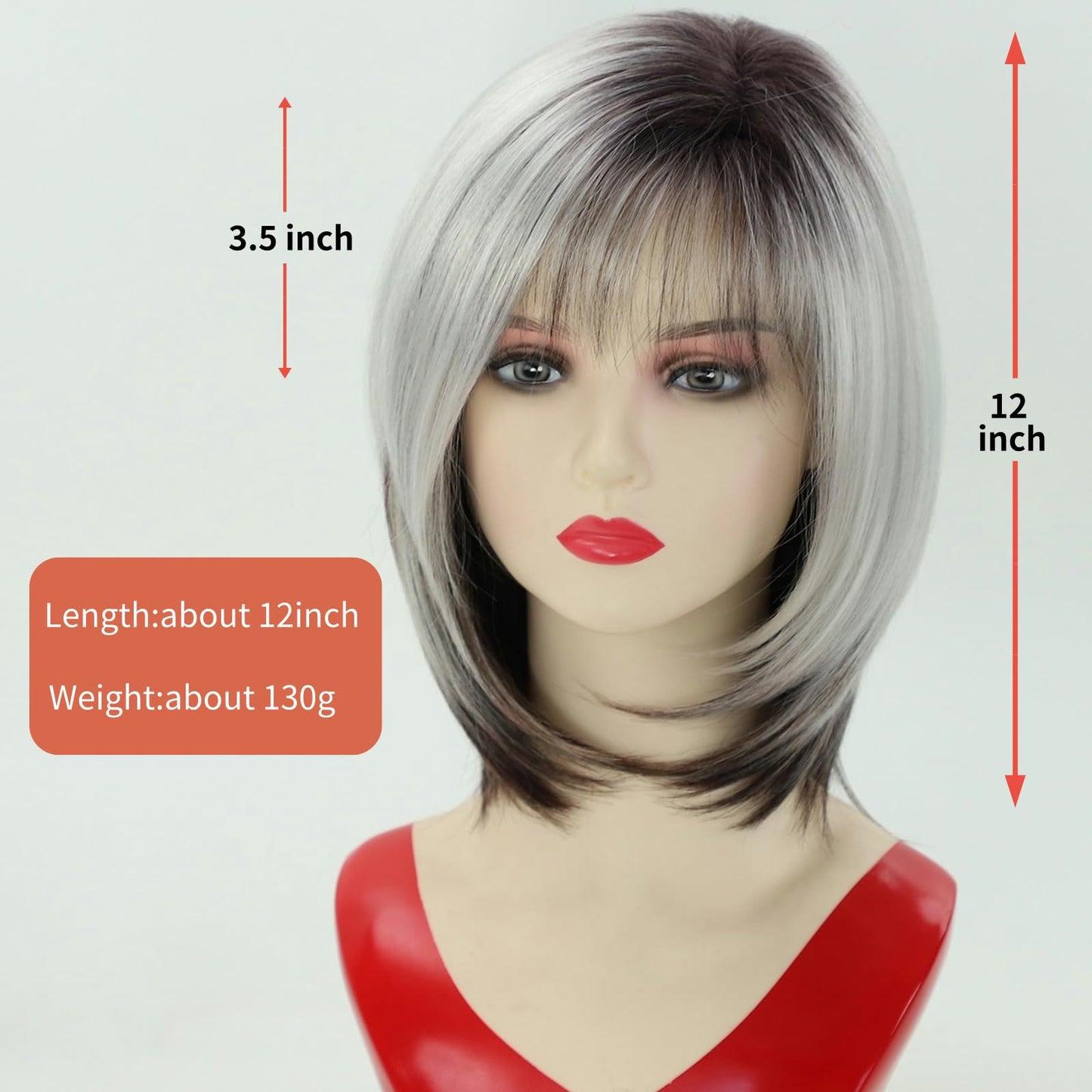 RENERSHOW Medium Length Bob Wig with Bangs for White Women Layered Blonde Balayage Bob Straight Hair Wig Natural Synthetic Hair Replacement Wig Ombre Platinum with Brown Wig