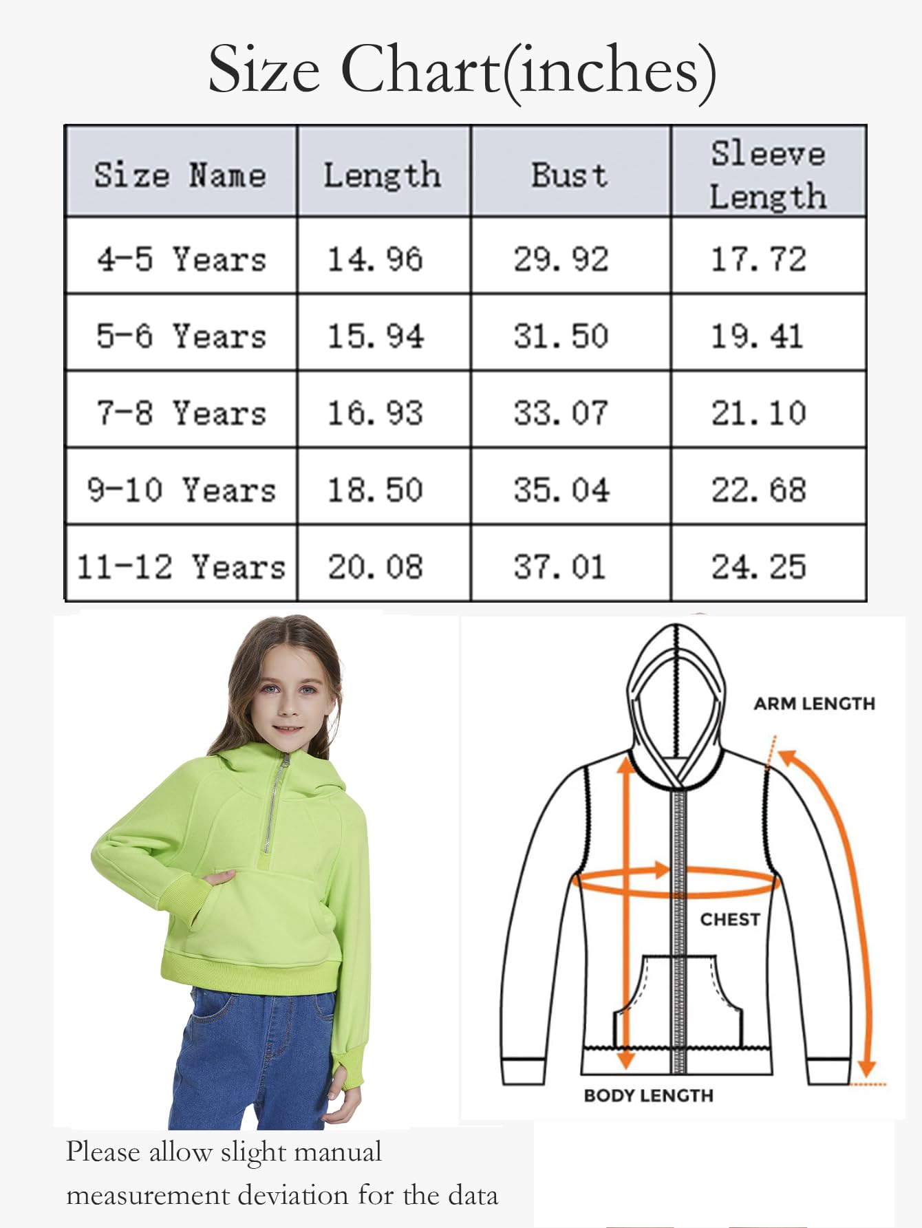 Fdqin Sweatshirt for Kid Half Zip Up Cropped Hoodies for Girls Fleece Pullover Tops Winter Clothes Neon Green 7-8Years
