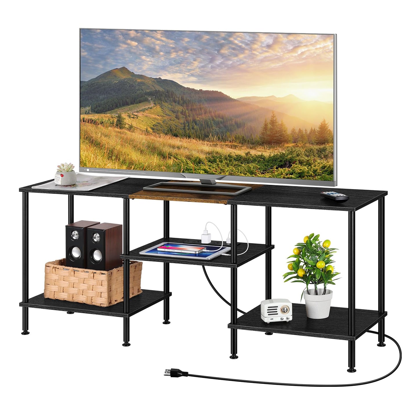 OYEAL Black Bedroom TV Stand with Power Outlets up to 50 inch TV, Small Entertainment Center Stand with Storage Modern Media TV Console Table for Living Room Bedroom