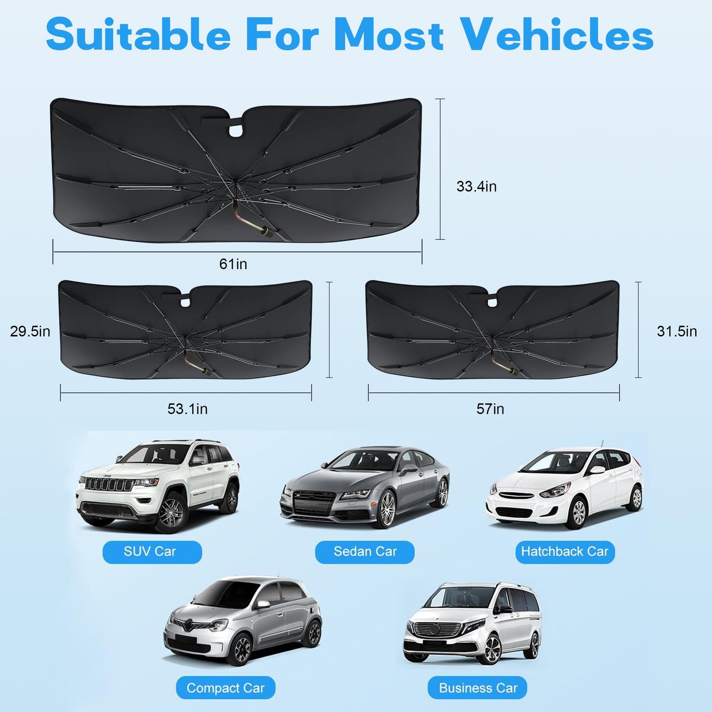 Windshield Sun Shade Umbrella, Portable Foldable, Spring Structure Wind Shield, Front Window Sunshade, Protect from Sun Rays Car Windshield, Universal for Any Car (53.1'' x 29.5'')