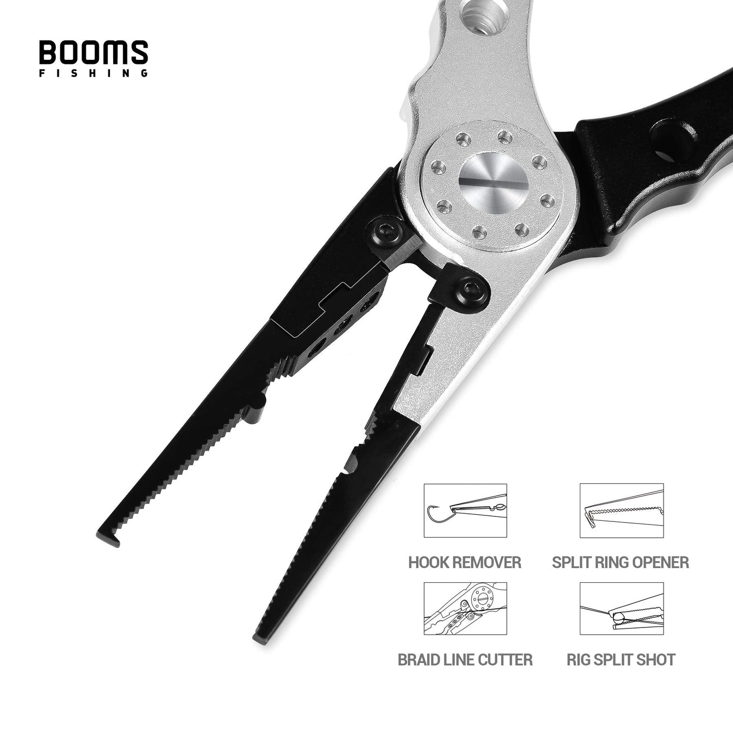 Booms Fishing X1 Fishing Pliers Aluminum, Surf Fishing Saltwater, with Coiled Lanyard and Sheath, Black