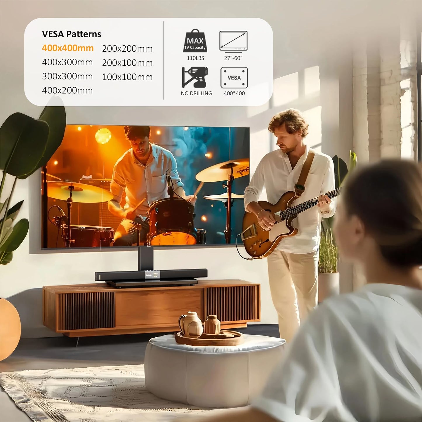 Universal TV Stand - Table Top TV Stand for 27-60 inch LCD LED TVs - 6 Level Height Adjustable TV Base Stand with Tempered Glass Base & Wire Management, VESA 400x400mm