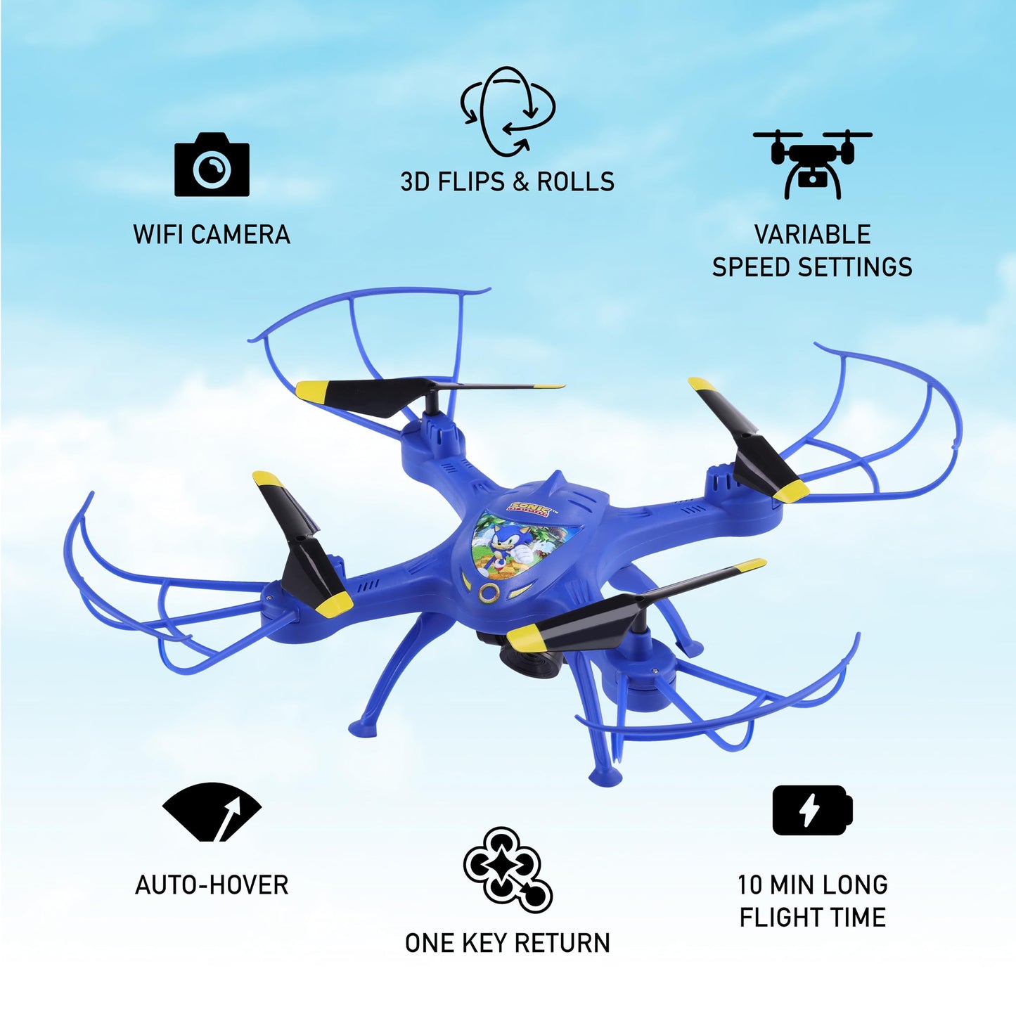 Sonic The Hedgehog Sky Racer Drone - WiFi Camera, 3D Flips, Variable Speed Settings, Kid's Toy Drone with 10 Min Flight, Auto Hover, and Remote Controler Included