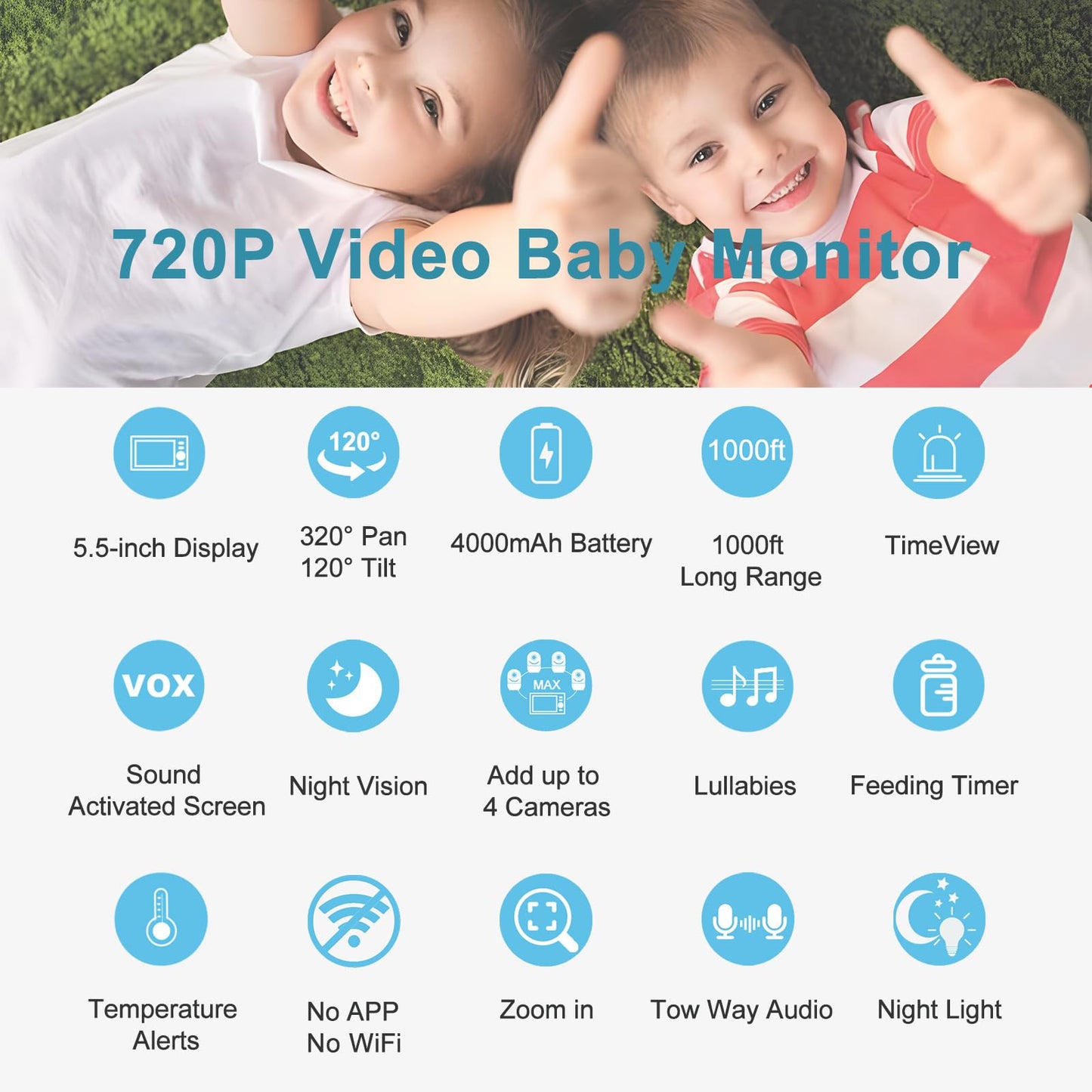 HelloBaby 720P 5.5" HD Baby Monitor 2 Cameras and Audio, No WiFi Split Screen, Dual 1080P Cameras Remote Pan Tilt Zoom, Wide View Range, Night Light, 4000mAh Battery, 2 Way Talk, Time&Clock