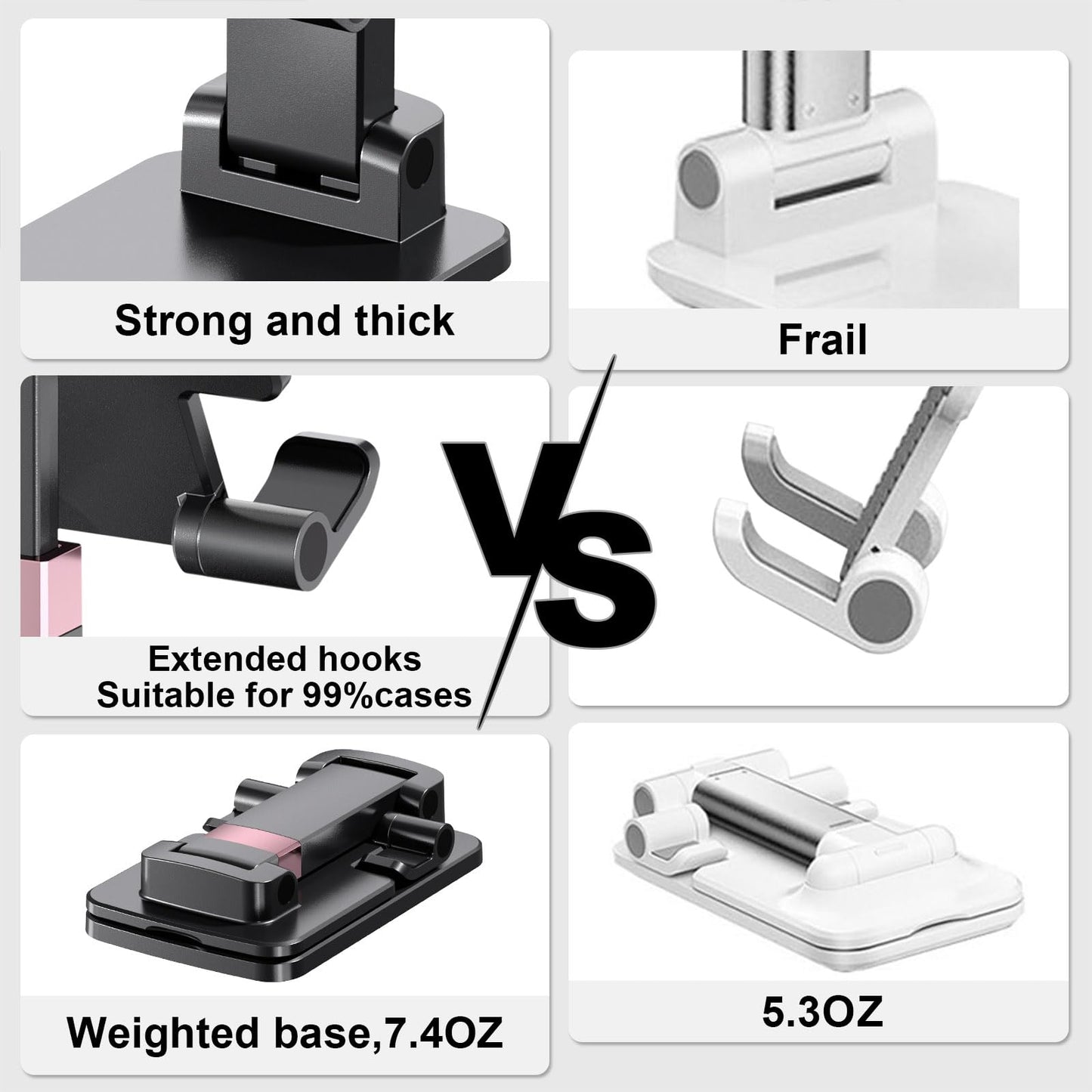 Phone Stand for Desk, Cell Phone Holder Adjustable Cellphone Stand for Desk Height Angle Adjustable Stands, Anti-Slip Base, Compact Design for iPhone Android Devices,Black