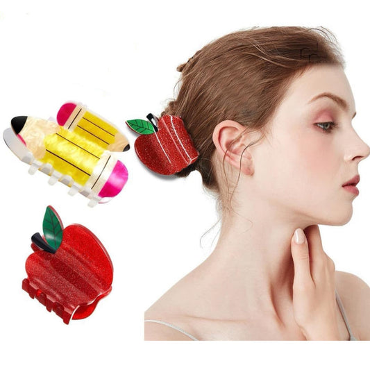 2 Pcs Red Apple Hair Clips, Acetate Yellow Pencil Claw Clips for Women Girls Cute Stylish Hair Accessories Student Back to School Hair Jaw Barrettes Teacher Appreciation Gifts