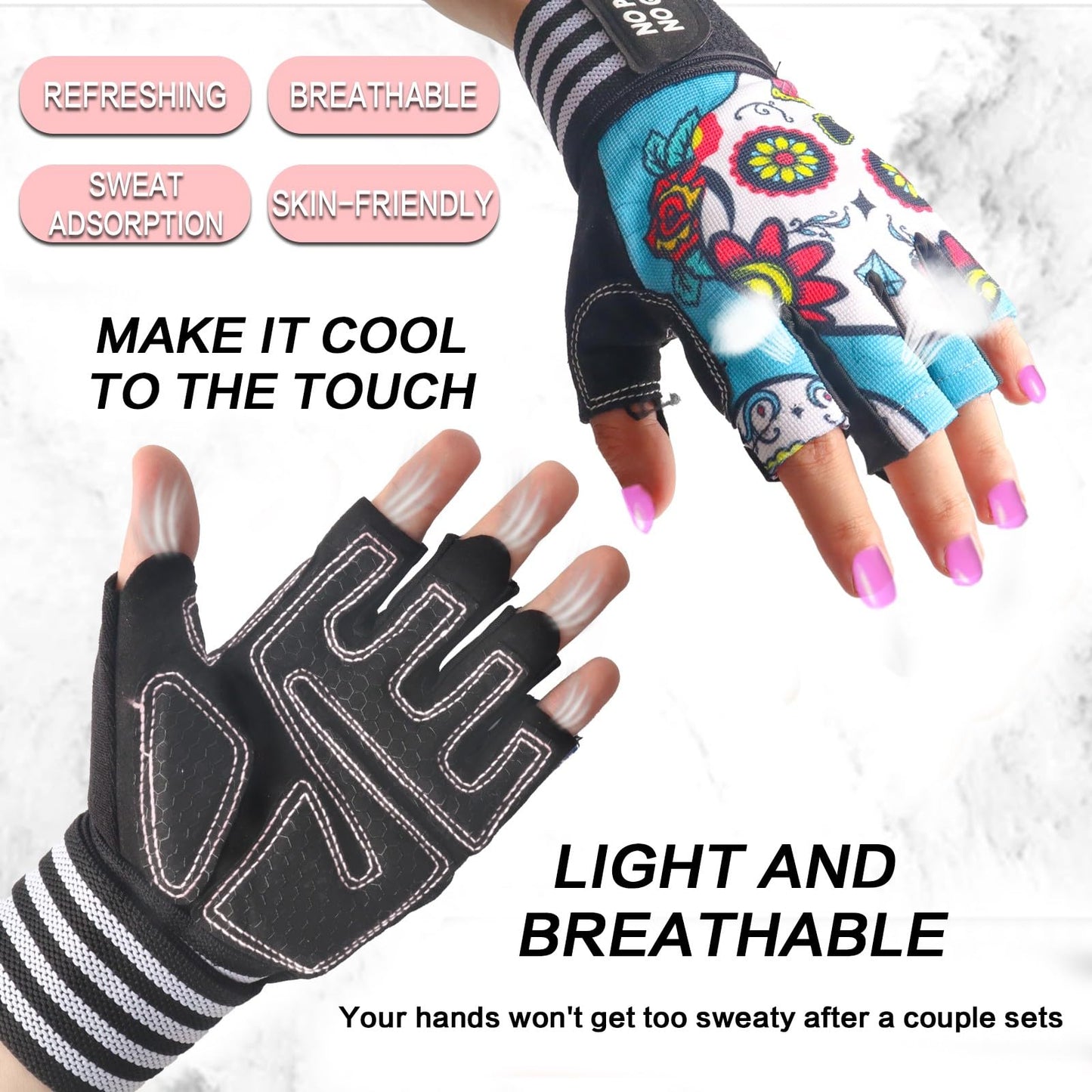 Weight Lifting Gloves for Women Gym Workout with Wrist Support,Padded Half Finger Gloves for Fitness Exercise (Blue&Bones, X-Small)