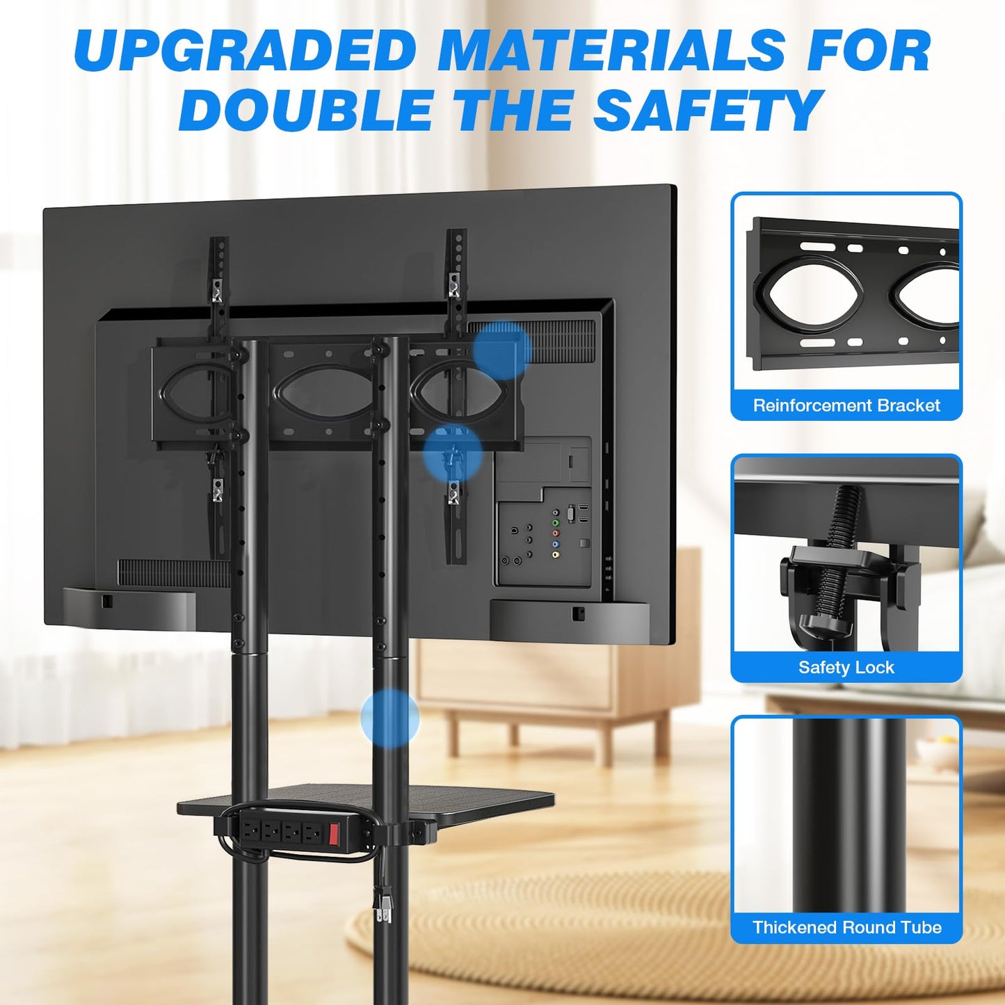 Rfiver Mobile TV Cart Rolling TV Stand with Power Outlet for 32-75 Inch Screens, Portable TV Stand on Wheels with Height Adjustment, Outdoor TV Mount Stand with Shelf Holds up to 88lbs for Home Office