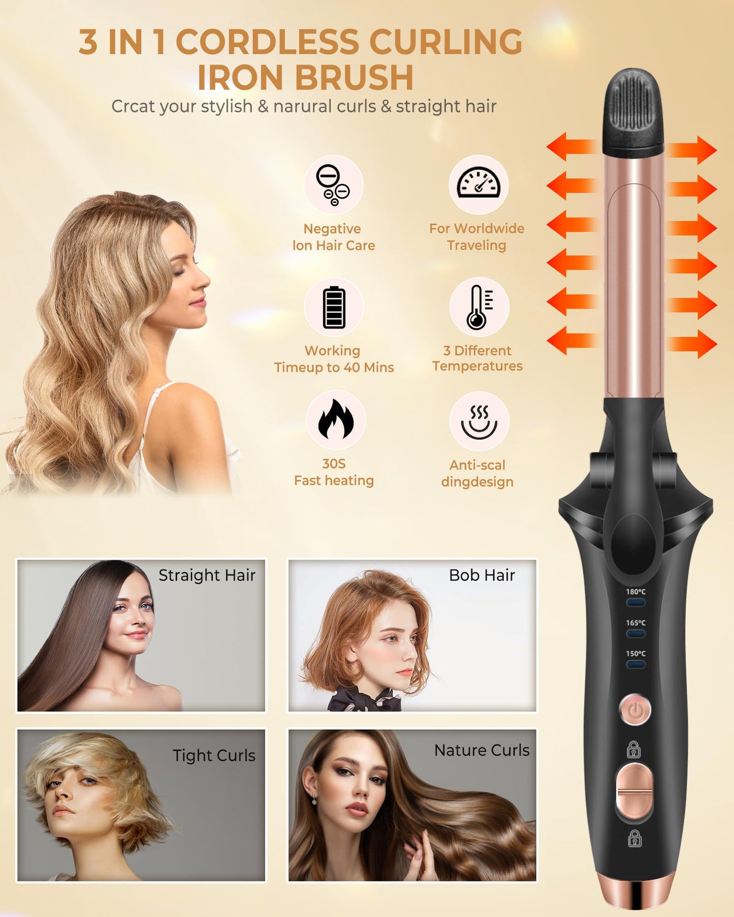 Cordless Curling Iron,4000 mAh USB Rechargeable Mini Travel Curling Iron,2 in 1 Hair Straightener and Curler,3 Temp SettingCordless Hair Curler