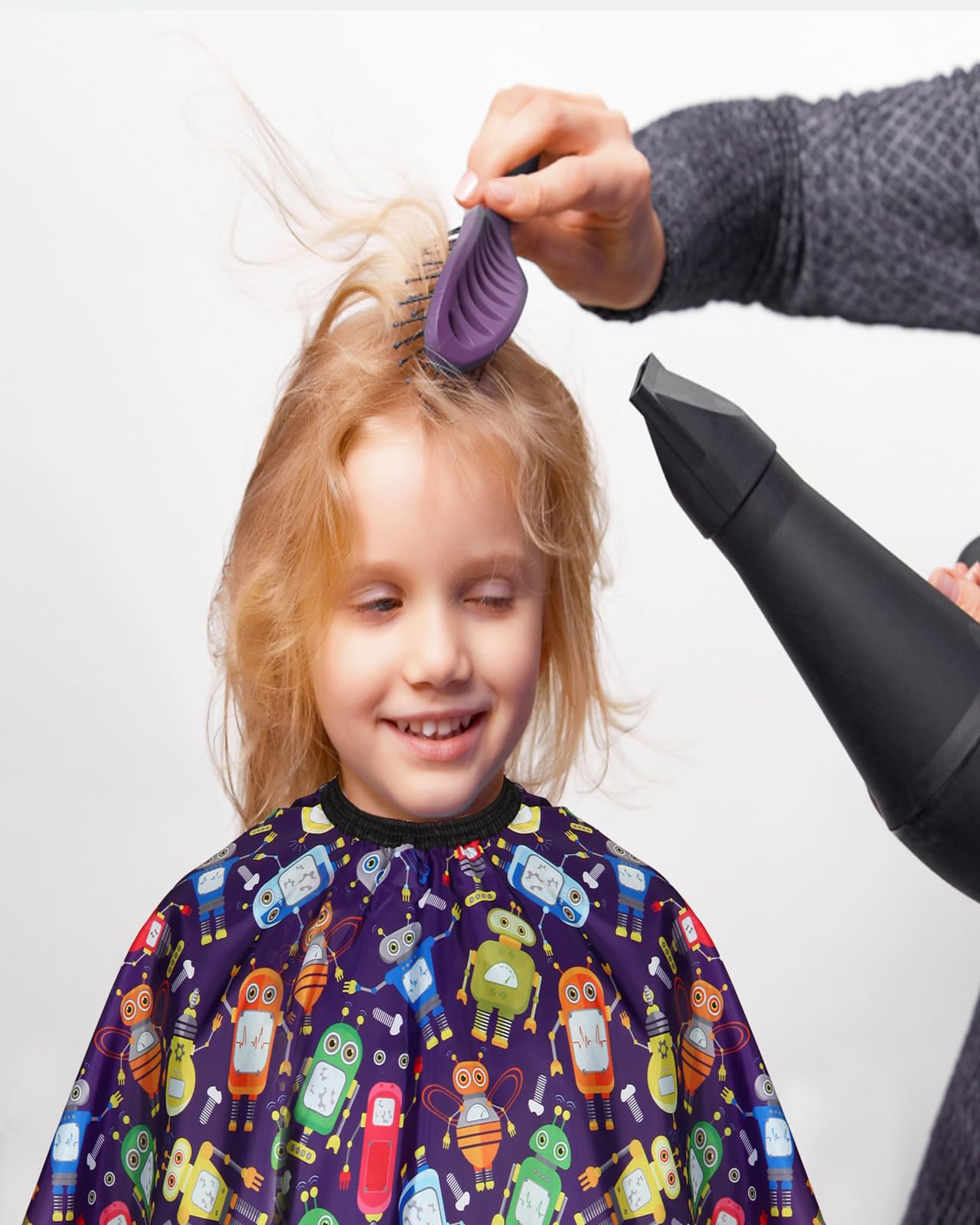 Kids Barber Cape with Neck Duster Brush, Professional Salon Hair Cutting Cape with Adjustable Snap Closure(Cartoon Robot)