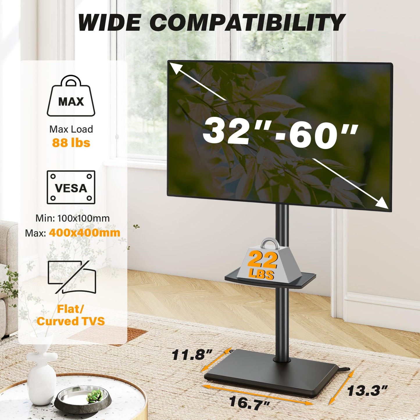 5Rcom Floor TV Stand with Mount for 32-60 inch TVs, Swivel and Height Adjustable Floor Standing TV Stands with Wood Base, Tall TV Stand with Shelf up to 88 lbs for Living Room, Bedroom and Corner