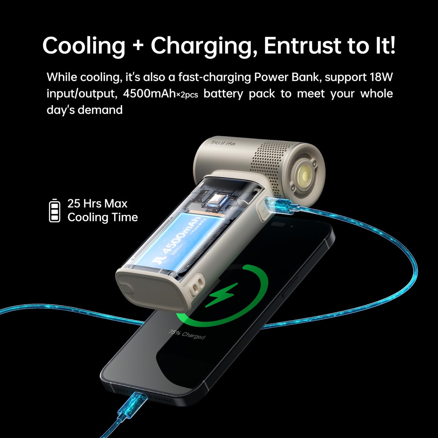 JISULIFE Portable Handheld Fan Ultra2, 9000mAh Max 25 Hrs, 5 IN 1, 100 Speed Turbo Fan Rechargeable 18W Power Bank with Flashlight, Metal Shell Multi-Function Travel Essentials Gifts for Men-Brown