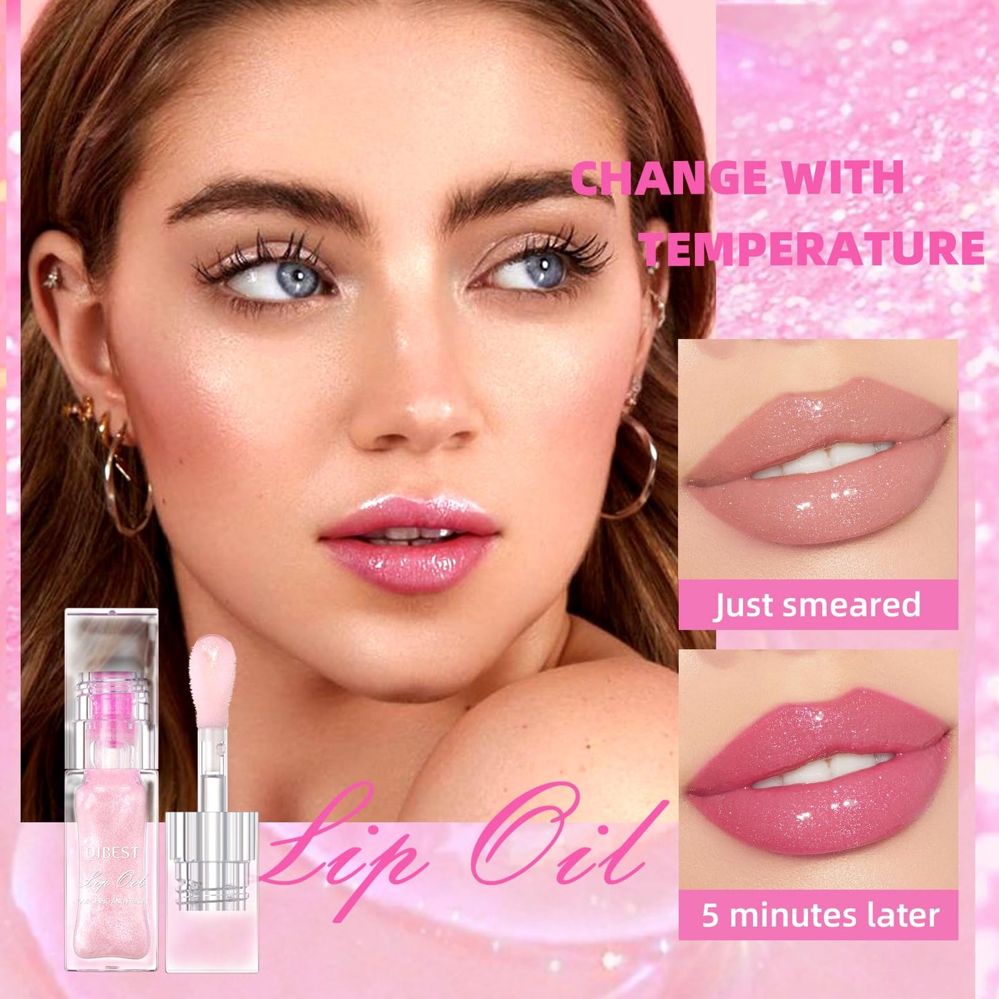 BANGFENG Magic Color Changing Moisturizing Lip Glow Oil + Plumping Lipstick, Hydrating Lip Gloss Balm, Transparent Lip Care, Non-Sticky Fresh Texture Lip Oil (Clear to Pink)