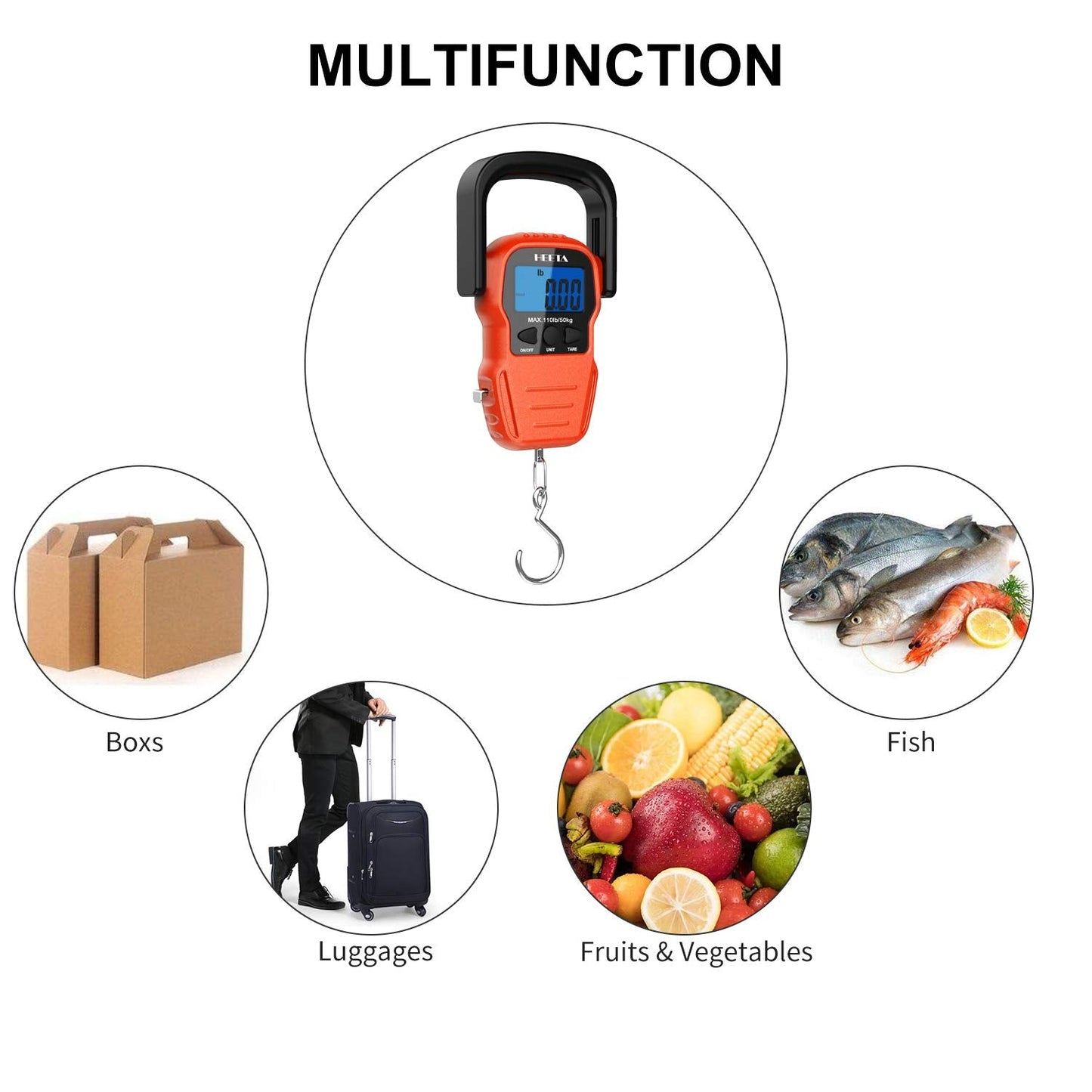 HEETA Fish Scale with Backlit LCD Display, Up to 110lb/50kg Digital Portable Hanging Fish Weight Scale with Hook & Measuring Tape for Home, Farm, Outdoor, Hunting, Fishing, 2 AAA Batteries Included