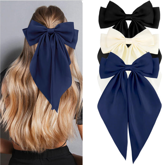 VELSCRUN Hair Bows for Women Girls 3Pcs White Hair Bow Black Hair Bow Navy Blue Big Hair Bows Clip Silky Satin Large Hair Ribbons Oversized Long Tail Hair Bows Hair Barrettes Hair Accessories Gifts