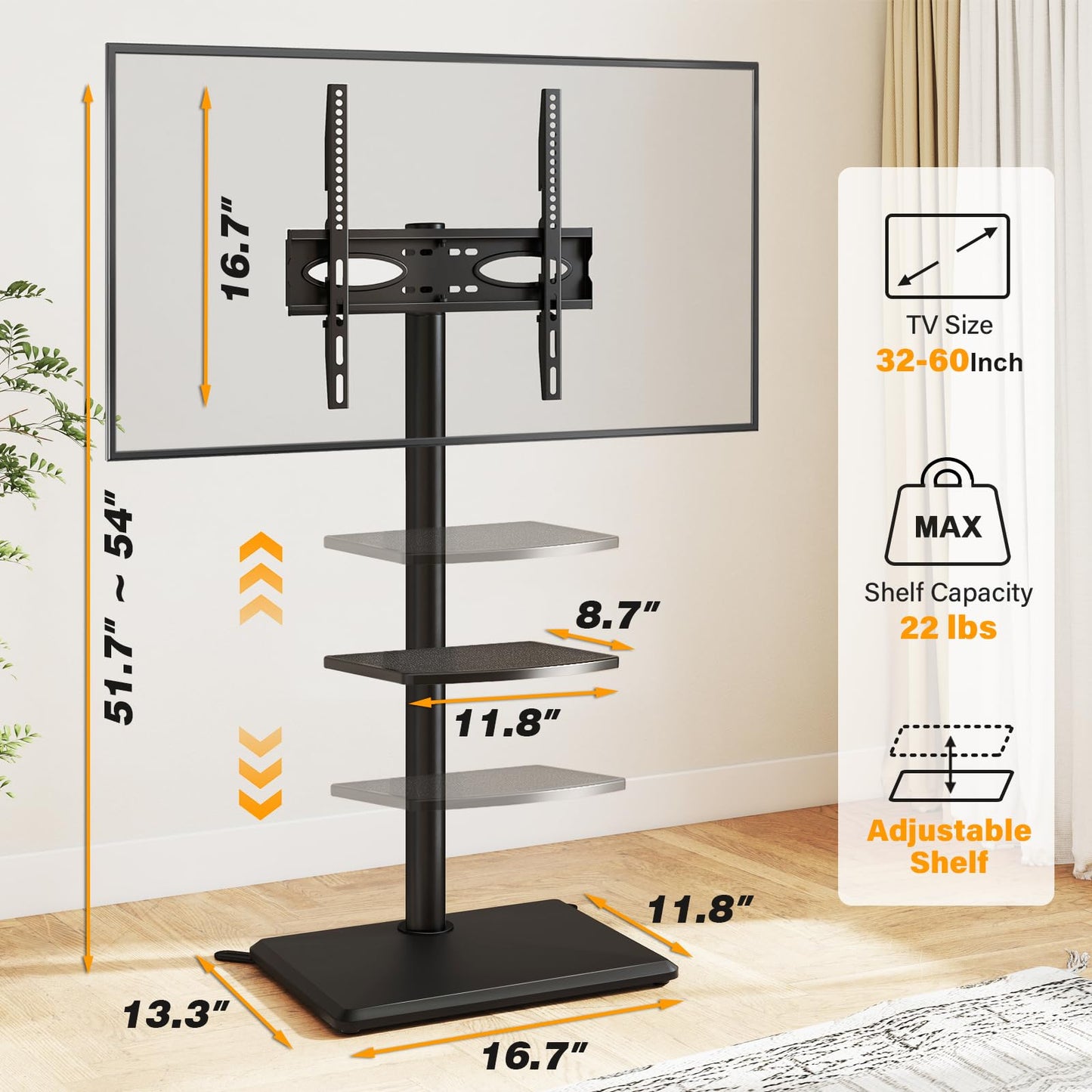 5Rcom Floor TV Stand with Mount for 32-60 inch TVs, Swivel and Height Adjustable Floor Standing TV Stands with Wood Base, Tall TV Stand with Shelf up to 88 lbs for Living Room, Bedroom and Corner