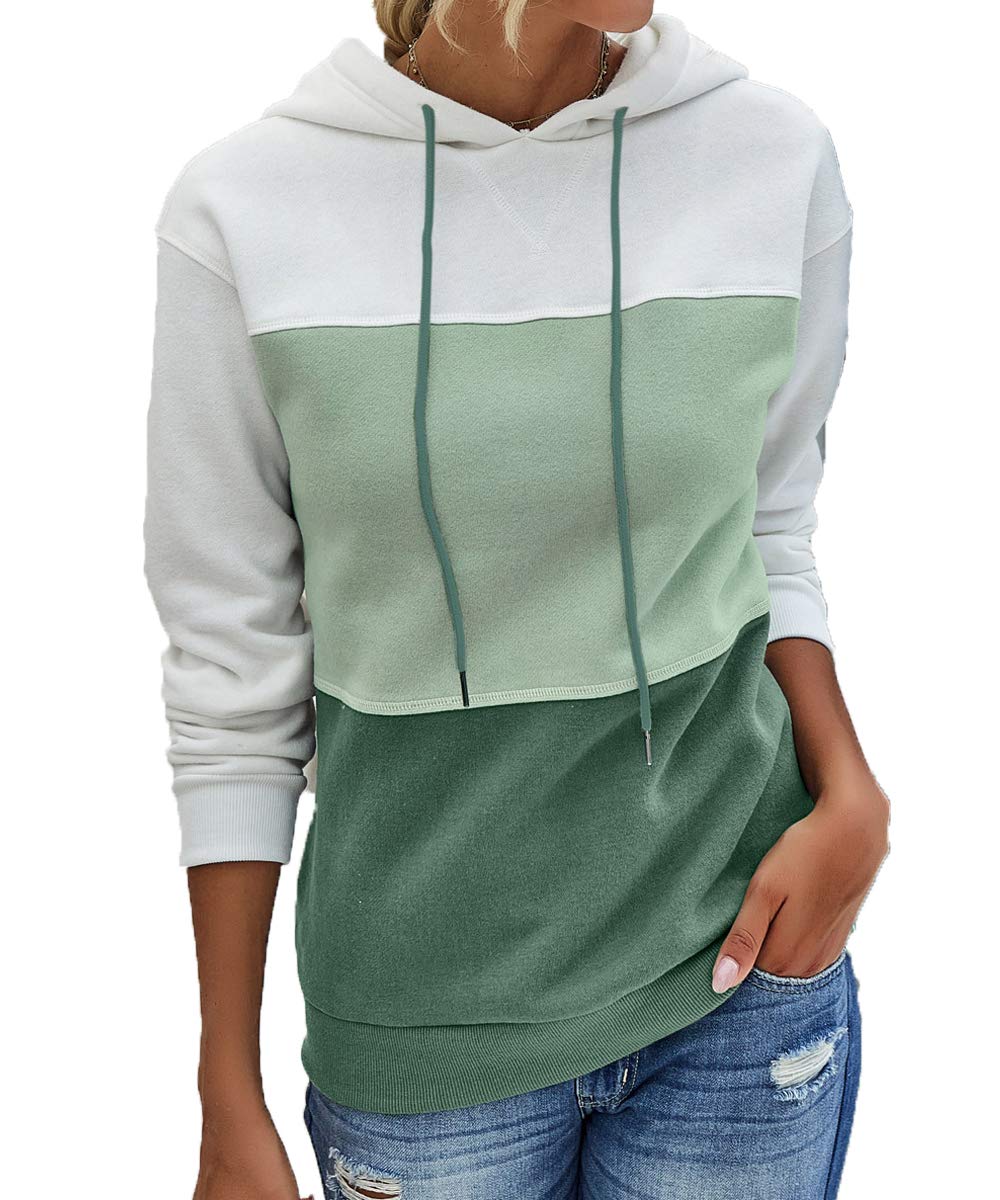 Barlver Womens Zip up Hoodie Color Block Cowl Neck Drawstring Hooded Sweatshirt Sweater Pullover Top Green-74 S