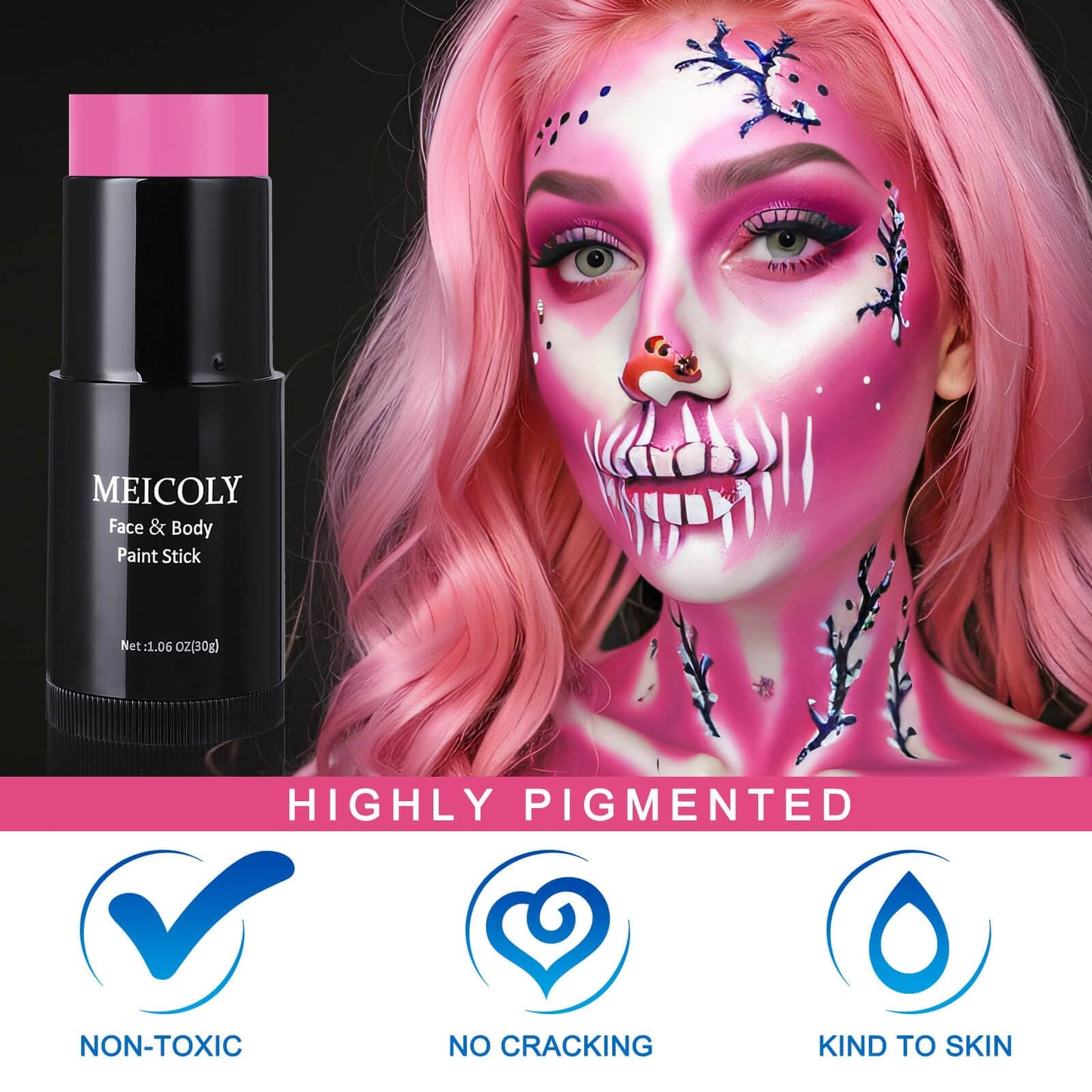 MEICOLY Pink Face Paint Stick(1.06 Oz),Cream Blendable Halloween Body Paint Stick,Sweatproof Waterproof Face Body Paint Makeup Oil Based Stick for Special Effects SFX Cosplay