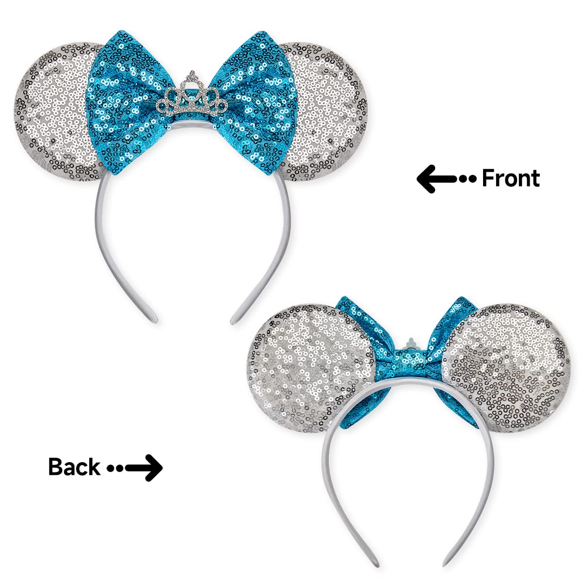 RAZKO Cinderella Minnie Ears Headband, Sequin Silver Blue Mickey Ears Headband Mouse ears Headband for Women Girls Hair Accessories (Silver-Crown)