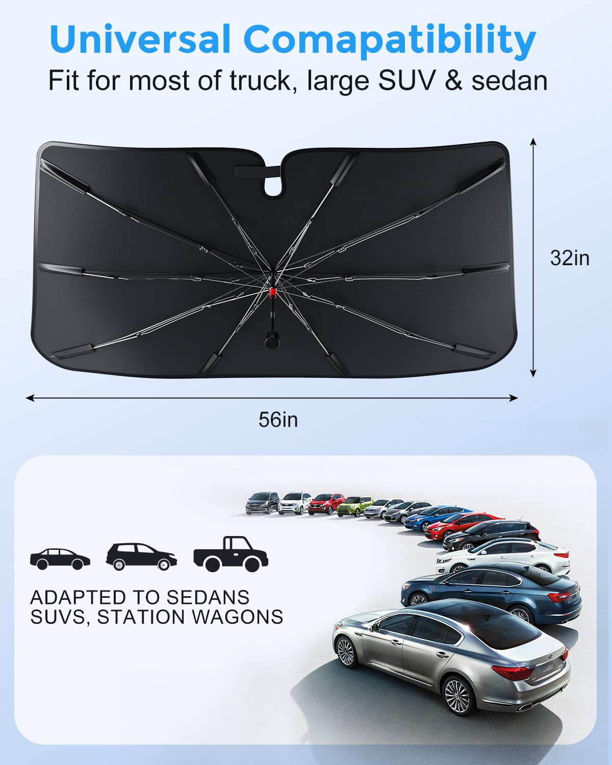 [2025 Upgrade] Weektic Windshield Sun Shade [UPF50+ Crystal Nano Reflector] Protect Car from Sun Ray Damage, Umbrella Sun Shade for Car SUV Truck Keep Cool & Comfy, Medium (56" L x 32" W)