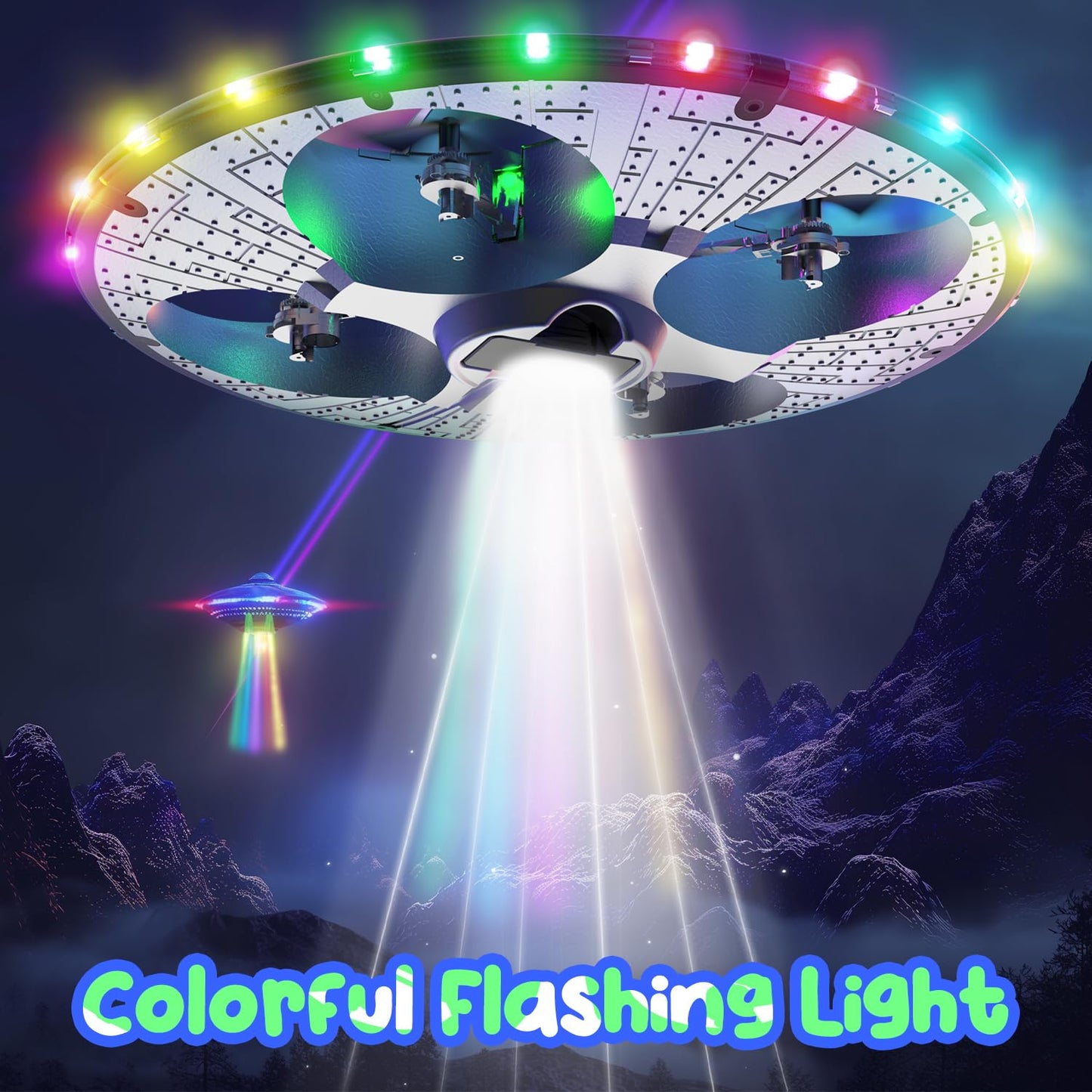 Foam UFO Drone for Kids–RC Plane with Colorful LED Lights, Remote Control Helicopter with Auto Hover, 2 Batteries (15 Mins Flight)