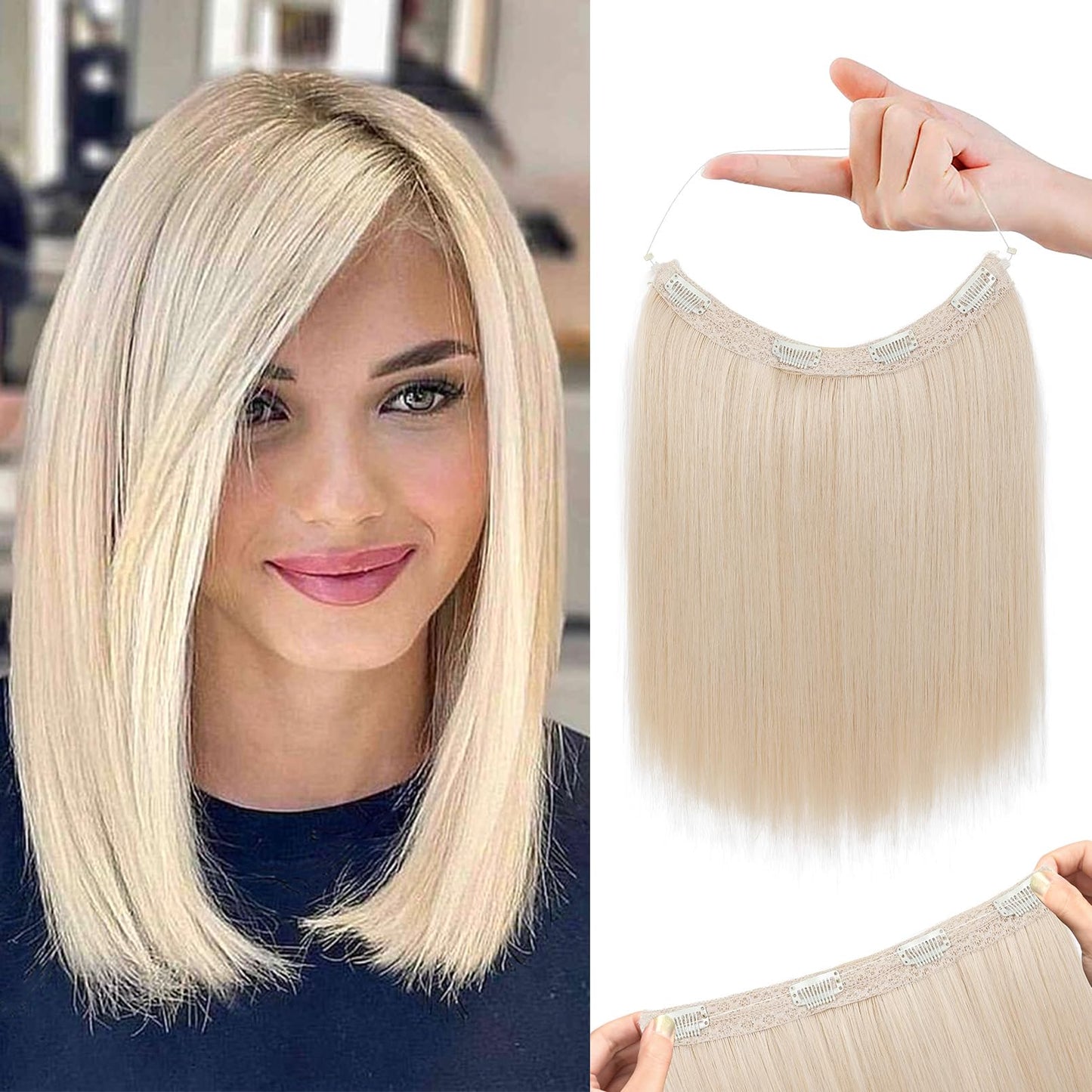 REECHO Invisible Wire Hair Extensions with Thinner Softer Lace Weft 12" Short Straight Clips in Secret Hairpiece for Women 12 Inch (Pack of 1) - Light Blonde