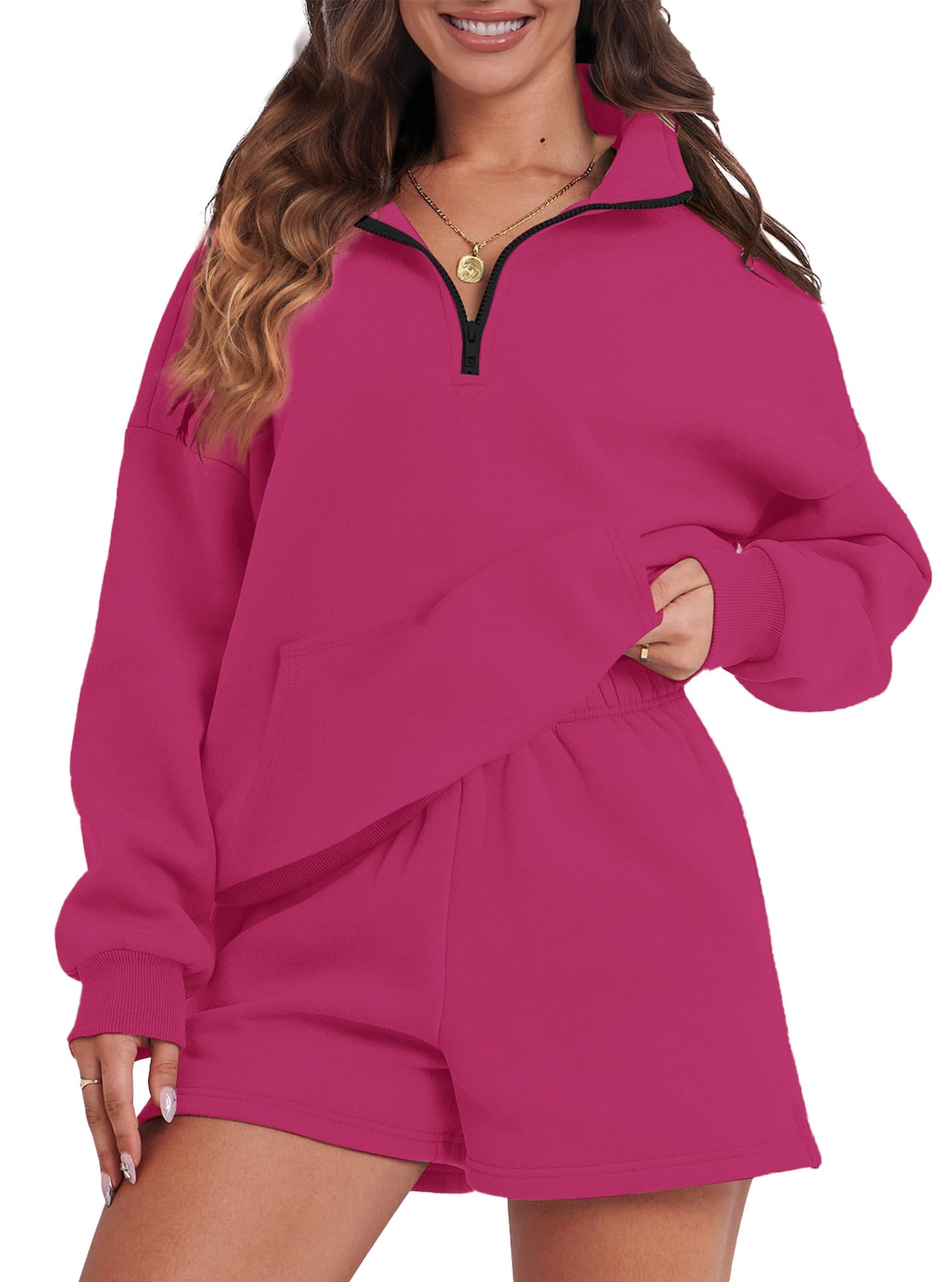 FKEEP Womens Sweatsuits 2 Piece Outfits Half Zip Sweatshirt Sweat Shorts with Pockets Lounge Sets Casual Fall Outfits(Hot Pink,Medium)