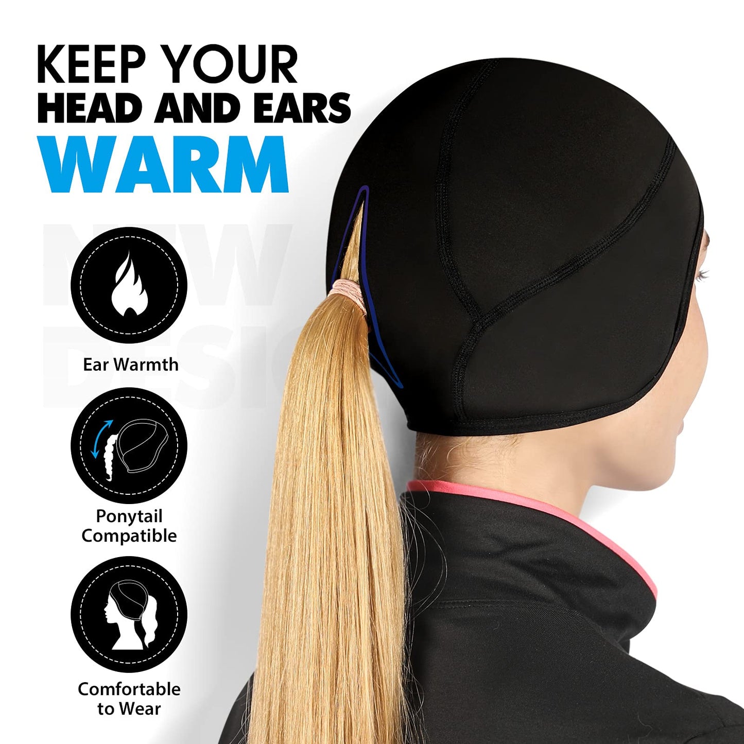 Hikenture Womens Skull Cap with Ponytail Hole, Winter Running Beanie Hat Cold Weather Thermal Cycling Cap Helmet Liner with Fleece for Skiing,Motorcycle,Hiking,Camping(Black)