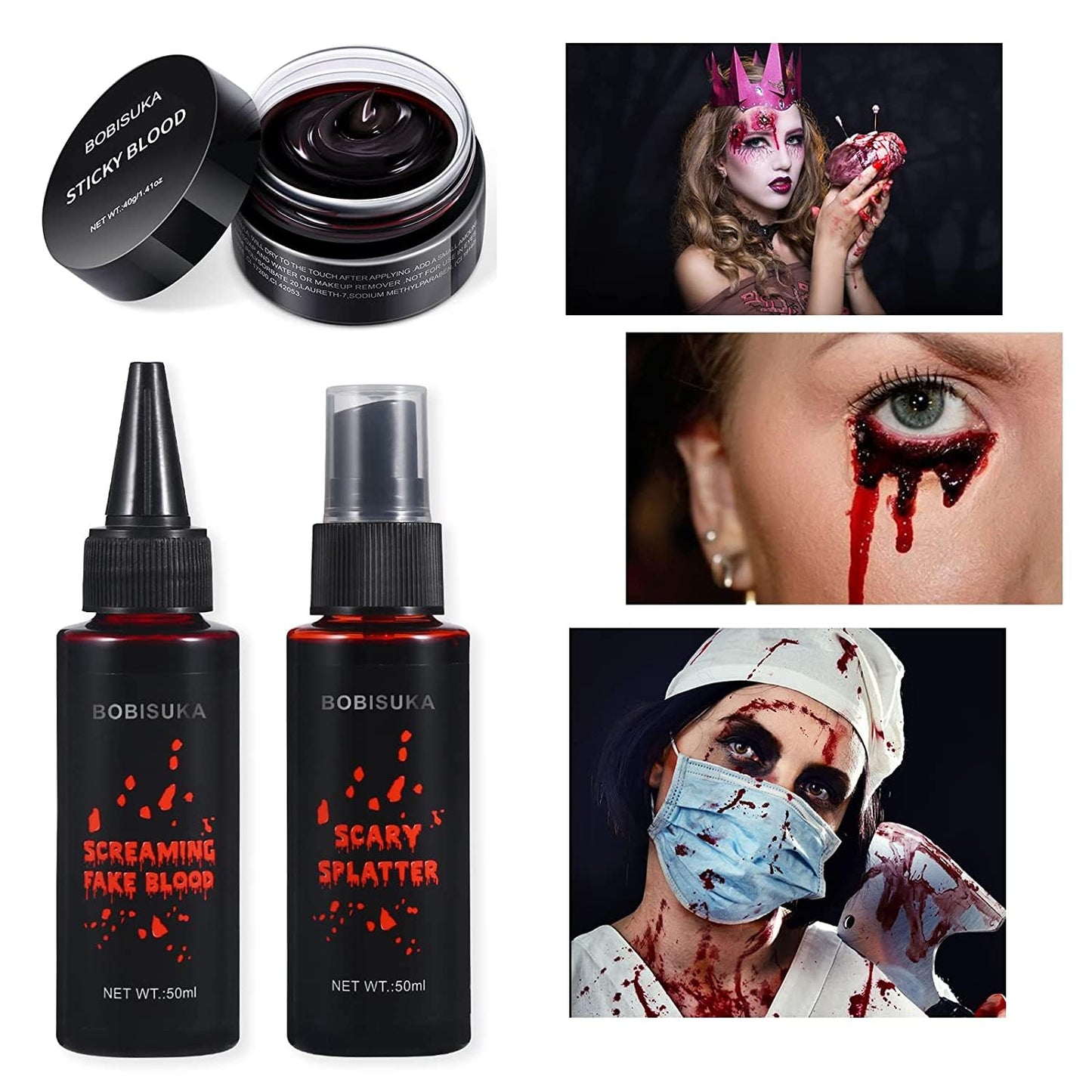 BOBISUKA 3PCS Halloween Fake Blood Makeup Kit - Coagulated 1.41oz + Spray 1.76oz + Dripping 1.76oz, Realistic Washable SFX Makeup for Zombie Monster Mouth Clothes Dress Up