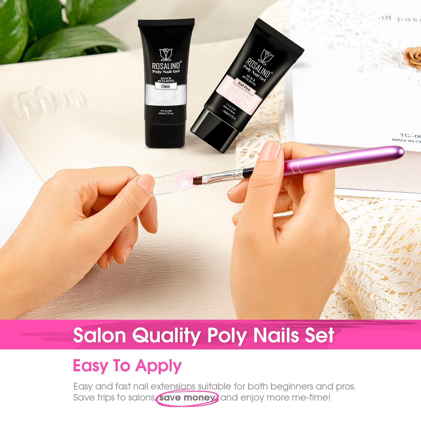 ROSALIND Clear Pink Acrylic Poly Extension Gel, 2 PCS 60ml Clear Poly Nail Gel kit Nail Builder for Clear Nail Art Decoration, Nail Thickening Poly Nail Gel Tube Easy to DIY Use Need UV Lamp