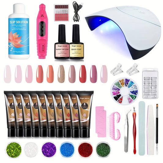 Finger Secret Poly Nail Gel Kit with Nail Lamp,15ml Poly Nail Extension Gel,10Colors Nail Extension Gel Kit With Drill& Slip Solution&Tools,Poly Nails Gel Kit Full Set for Beginner DIY Nail Art