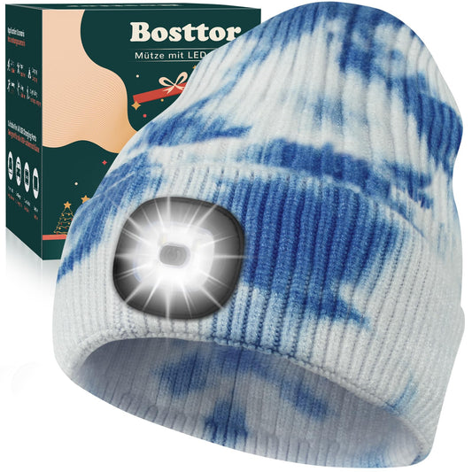 Bosttor LED Beanie Hat with Light, Rechargeable Headlamp Cap, Unisex Winter Warm Knitted Hats, Headlight Flashlight for Running Hiking Camping,Tech Gifts for Men Women Handyman Teens