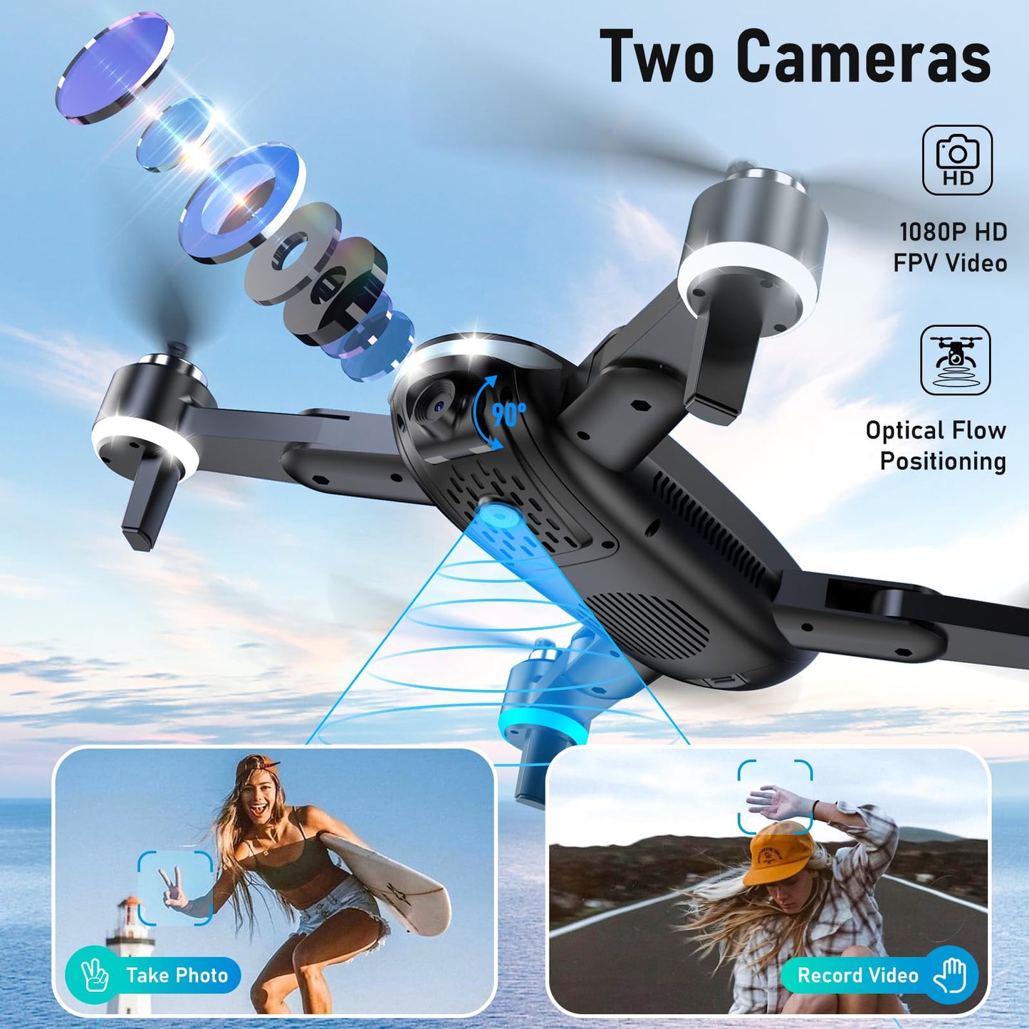Drone with Camera, Mini Drone for Kids with 1080P HD FPV Camera, Brushless Motor, One Key Take Off/Land, Altitude Hold, 360°Flip, Waypoint Fly, Gestures Selfie, 3 Speed, 2 Battery, Toys for Beginners