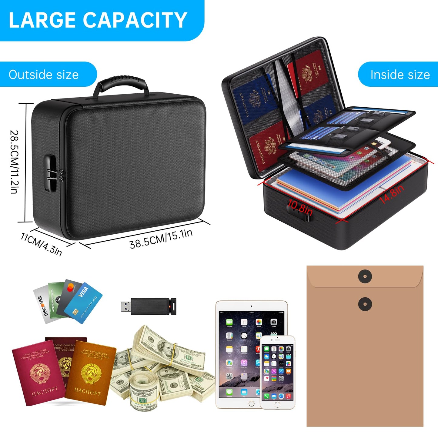 ENGPOW 5200°F Fireproof Document Bag with Lock,Upgraded Heat Insulated Fireproof＆Waterproof Box 8 Layers File Organizer,Portable Home Travel Safe Storage for Important Documents,Passports,Laptop