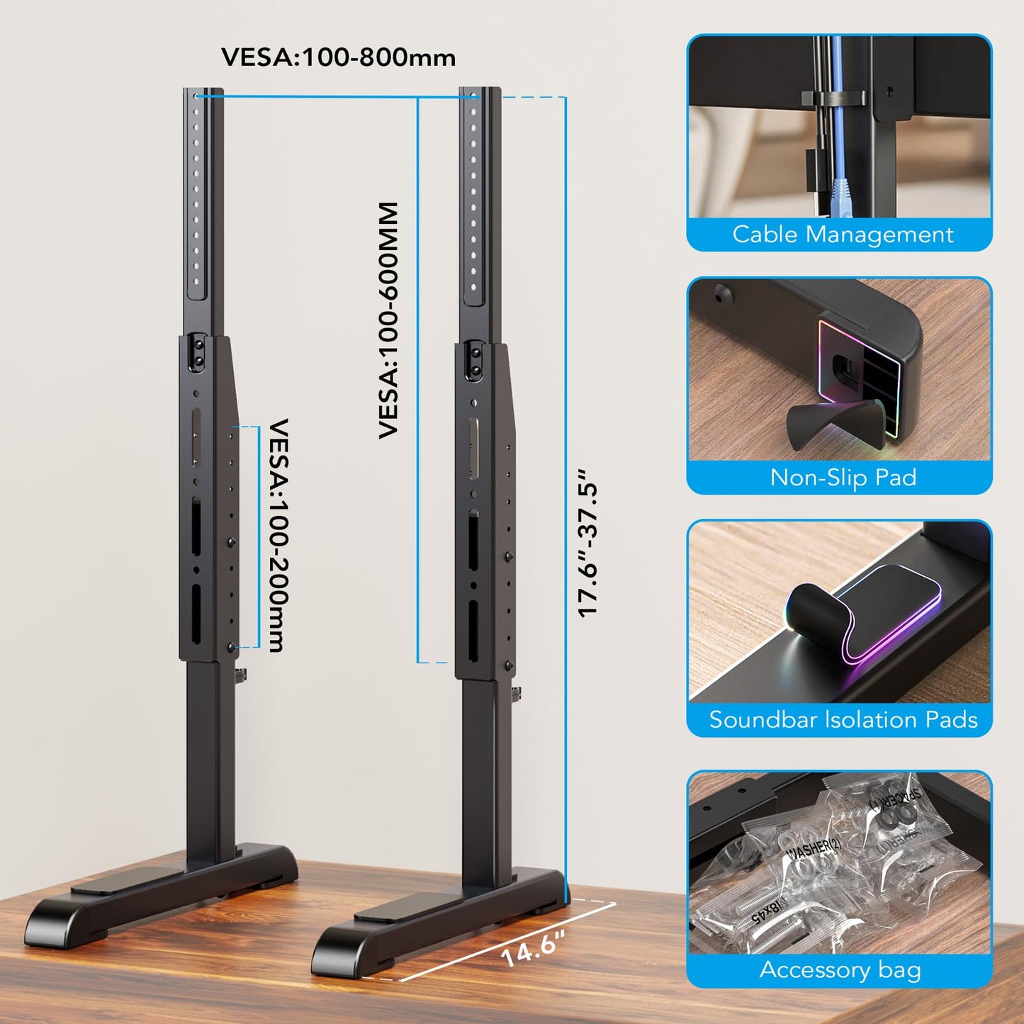 Universal TV Stand, Table Top TV Stand Base Replacement for Most 37 to 86 Inch LCD LED TVs, 7 Height Adjustable TV Legs with Cable Management Hold up to 150lbs, Max VESA 800x600mm, Black AX10TB01