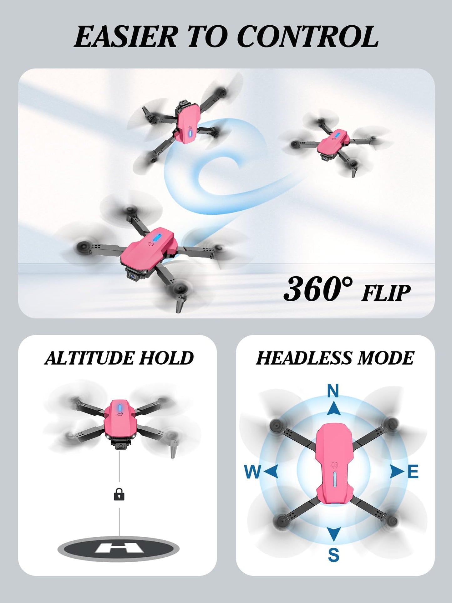 Kids Drone with Camera Foldable Mini Drone for Kids Girls Beginners Toys Drone Gestures Selfie One Key Start 360° Flips 2 Batteries Toy Gifts for Girls Pink