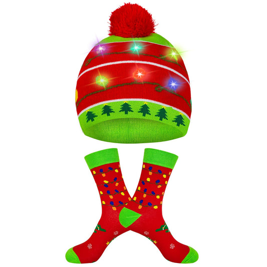 Beanumerous Christmas Beanie Light Up Winter Hat Xmas Holiday Socks, Gifts For Men Women Teens