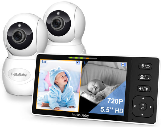 HelloBaby 720P 5.5" HD Baby Monitor 2 Cameras and Audio, No WiFi Split Screen, Dual 1080P Cameras Remote Pan Tilt Zoom, Wide View Range, Night Light, 4000mAh Battery, 2 Way Talk, Time&Clock