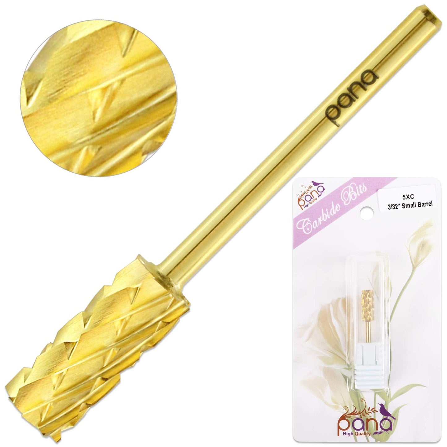 USA PANA Professional 3/32" Shank Size - Flat Top Small Barrel Carbide Bit - 5X Coarse Grit to Extra Fine Grit - Gold, Silver, DLC Black - Nail Drill Bit for Dremel Machine (5X Coarse, Gold)