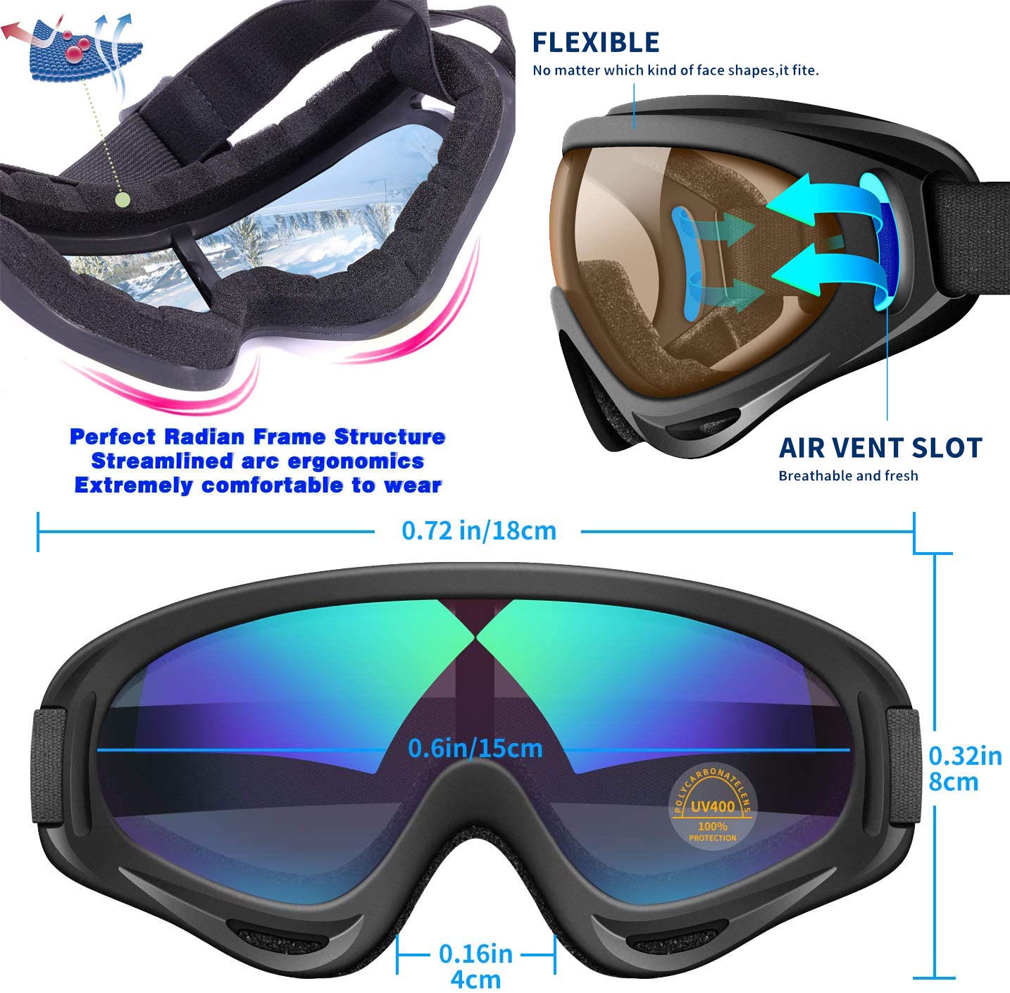 Anti-Glare Lenses, Ski Goggles, Winter Sport Snowboard Goggles with UV 400 Protection, Snowboard Goggles for Kids, Boys & Girls, Youth, Men & Women, Helmet, Wind Resistance (Transparent&Multicolor)