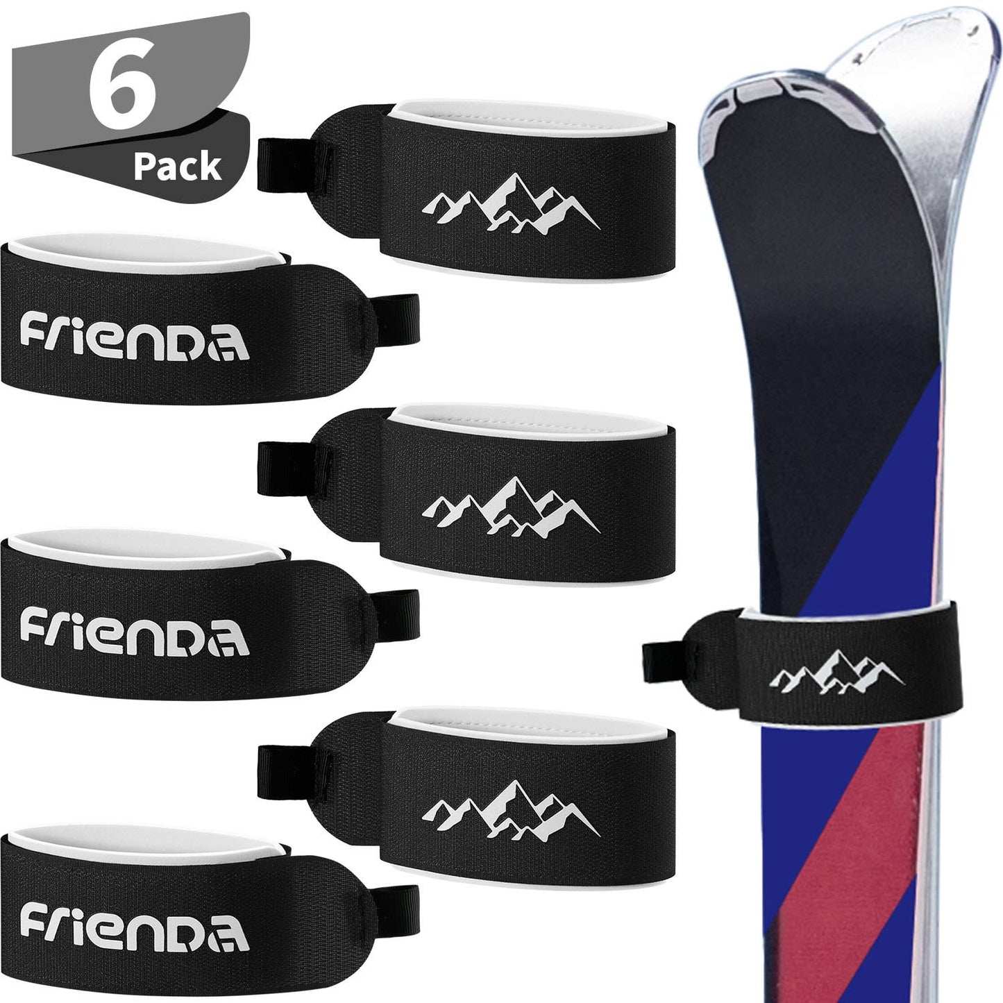 Frienda 6 Pcs Winter Ski Straps Fasteners Tape Adjustable Ski Wraps Ties for Families Christmas Holiday(Black)