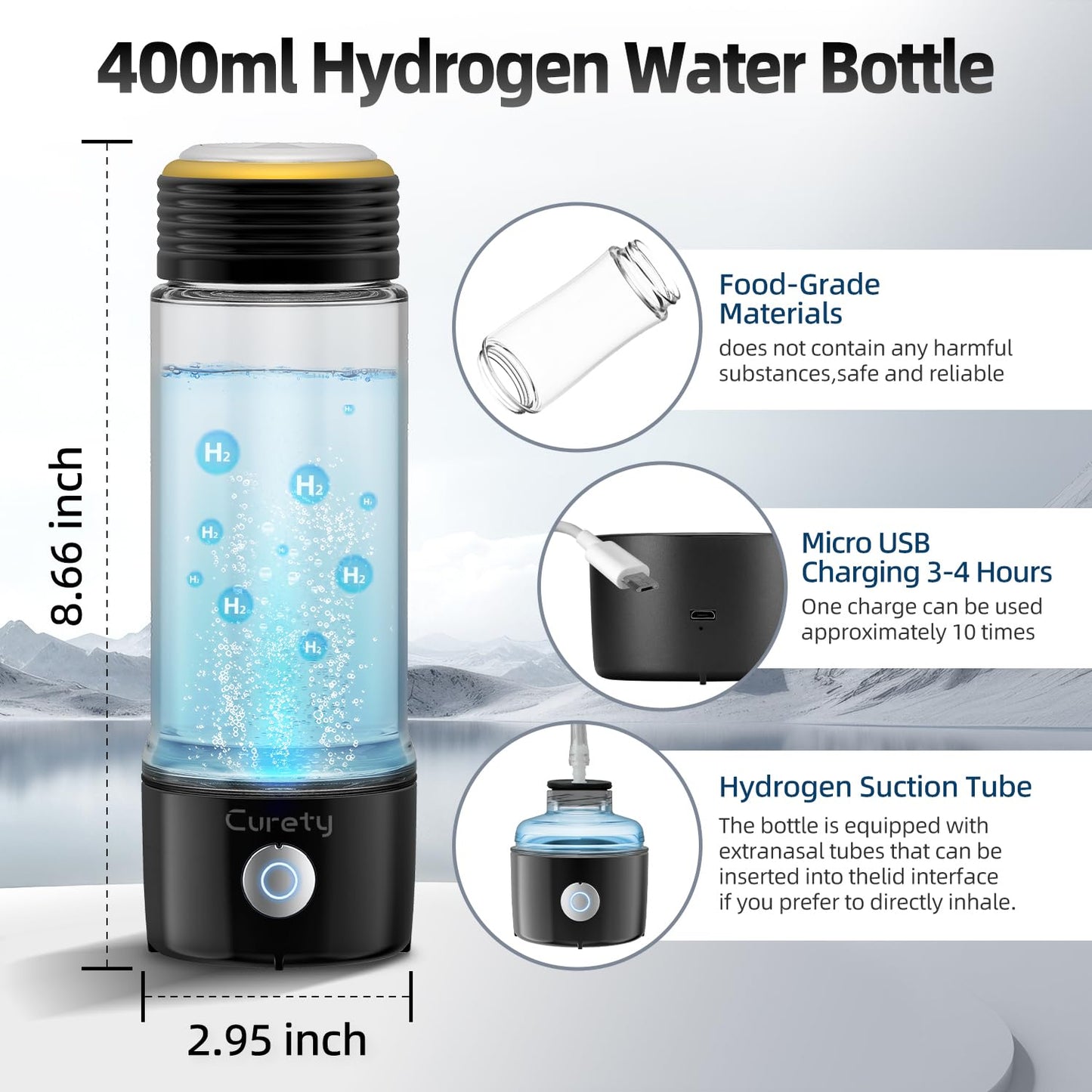 Curety Hydrogen Water Bottle, 3 in 1 Hydrogen Water Bottle Generator, Hydrogen Water Ionizer 2300PPB with SPE/PEM Technology, Hydrogen Water Machine for Home Office Travel Fitness Drinking