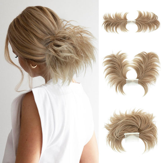 youngways Messy Bun Hair Piece Side Comb Clip in Hair Bun Hairpiece for Women Short Natural Straight Versatile Adjustable Styles Easy Hair pieces (Gloden Blonde and Beach Blonde Tips-S)