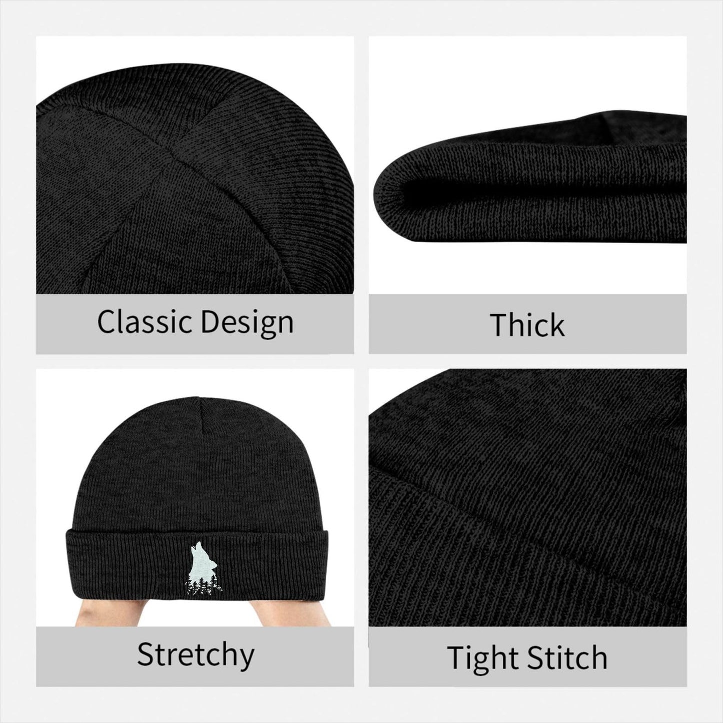 famliihw Wolf Tree Embroidery Beanie Hat Winter Warm Knit Cuffed Skull Cap for Women Men