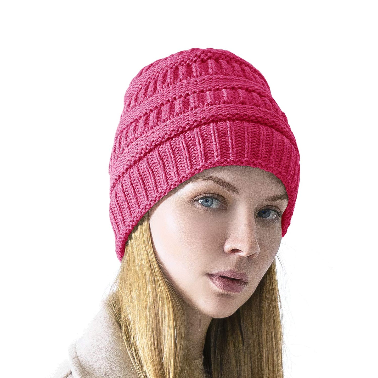 TZ Promise Women's Men's Knitted Beanie Hat Skull Thick Fleece Lined Winter Cap (Hot Pink)