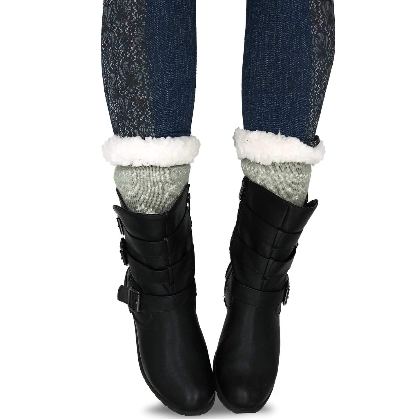 Thick Winter Warm Heat Double Layer Thermal Crew Women's Socks 3 Pairs Deer Snowflake Pattern Pink Blue Grey 9-11 Non-Slip Bottoms