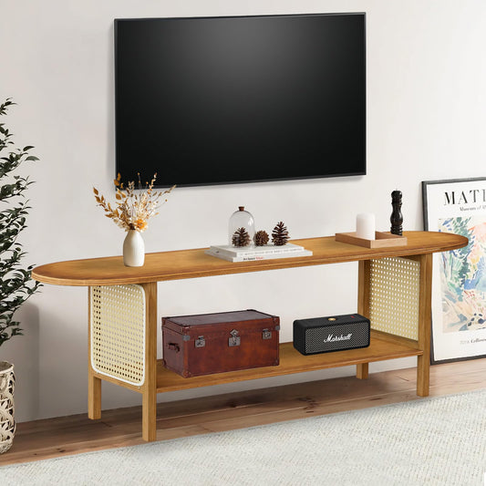 Mordchil HF Bamboo TV Stand for TVs up to 65", Accent Entertainment Center with Storage, Media Console Table with Rattan, Modern TV Stand for Living Room, Bedroom, 55"(L), Walnut